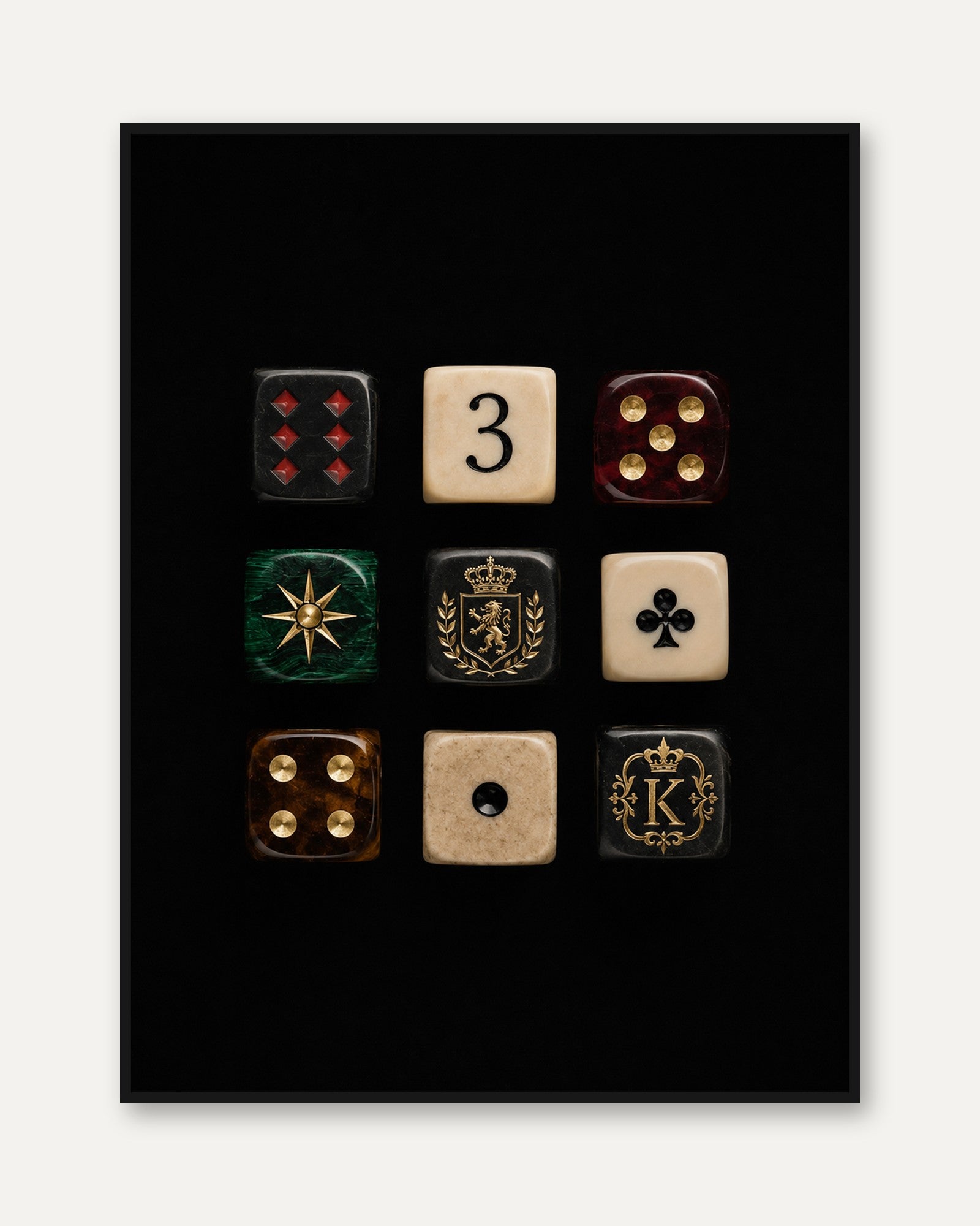 Luxury Dice Collection Print: Gold and Heraldic Gaming Art - framed
