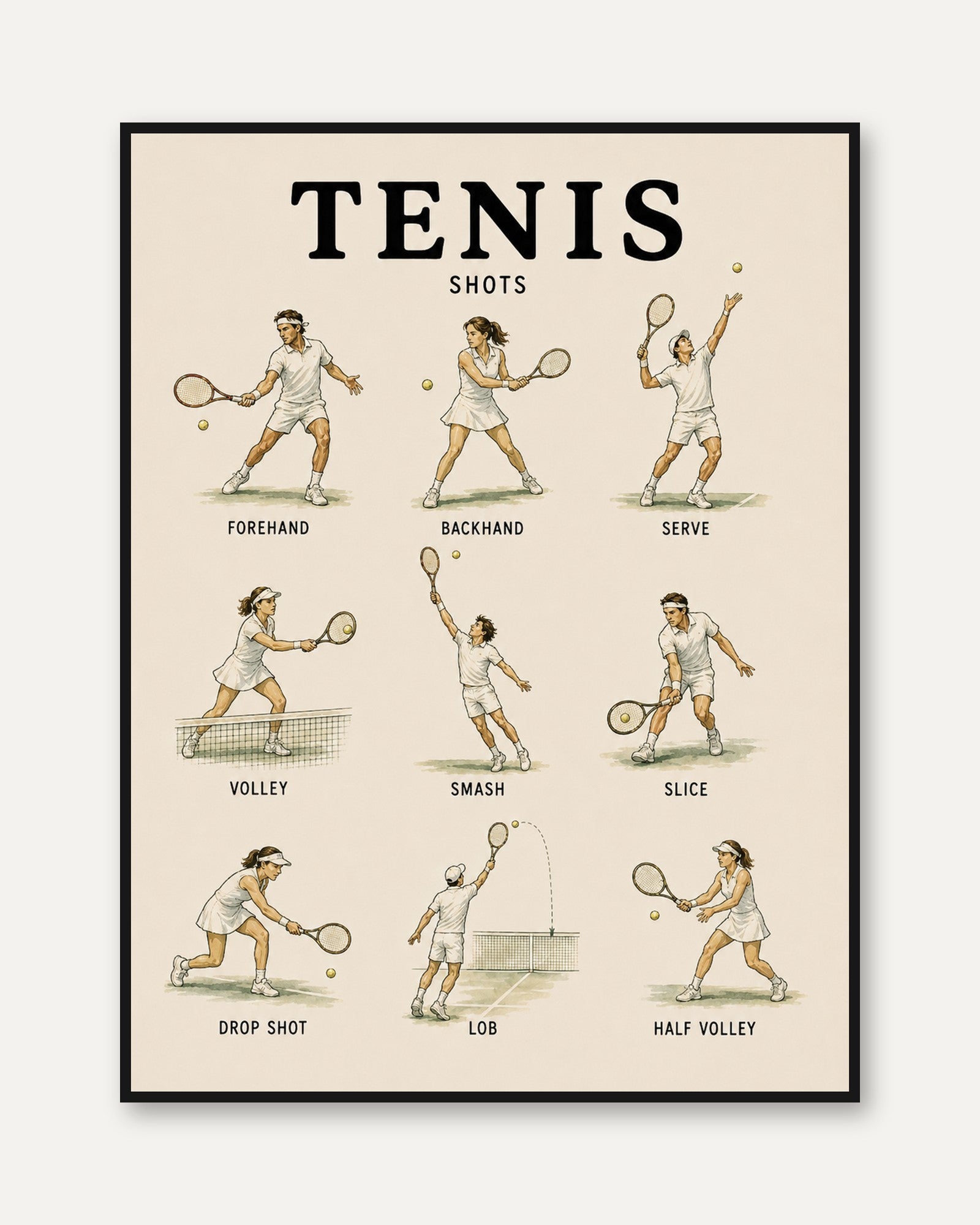 Tennis Shots Educational Print — Vintage Instructional Diagram - framed