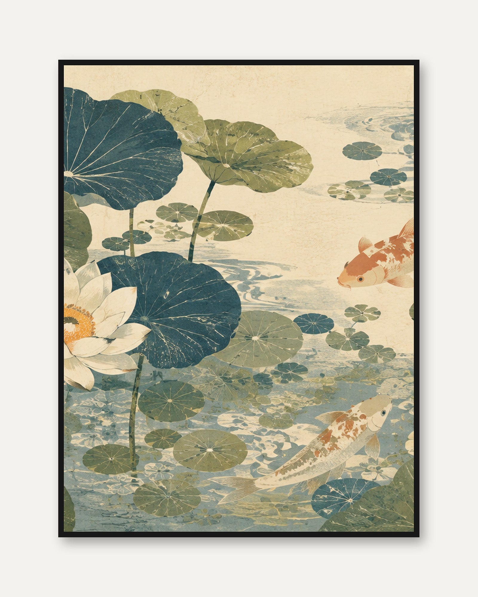 Koi Fish and Lotus Pond Art Print: Japanese Botanical Design - framed