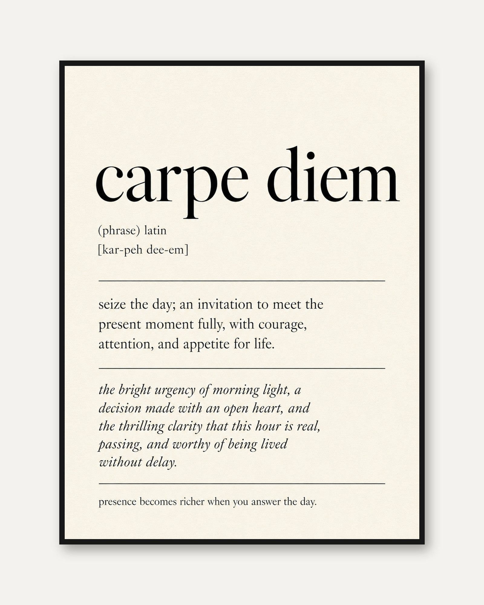 Carpe Diem Print: Latin Quote Art for Office or Bedroom (Minimalist) - framed