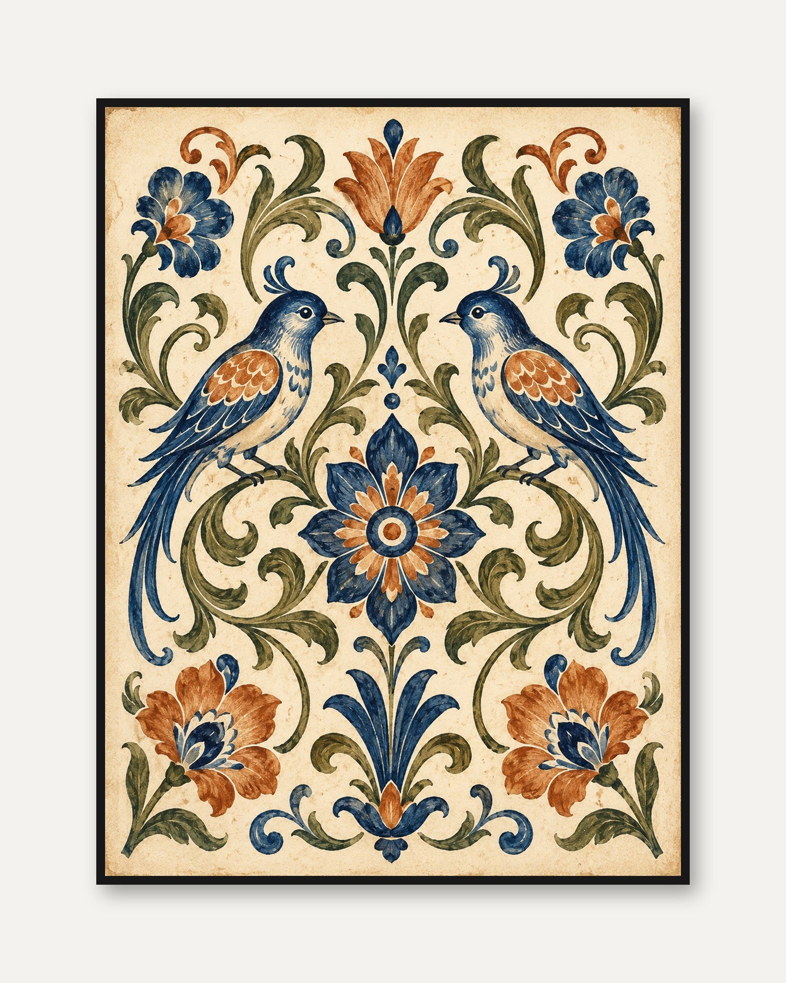 Folk Art Birds and Florals: Traditional Symmetrical Design Print - framed