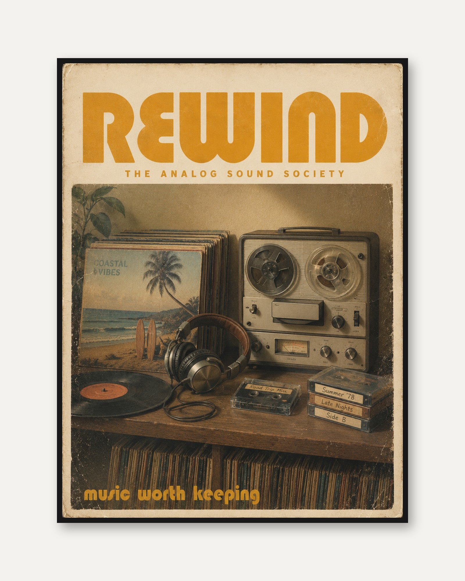 Vintage Analog Audio Poster — Retro Reel-to-Reel & Vinyl - framed