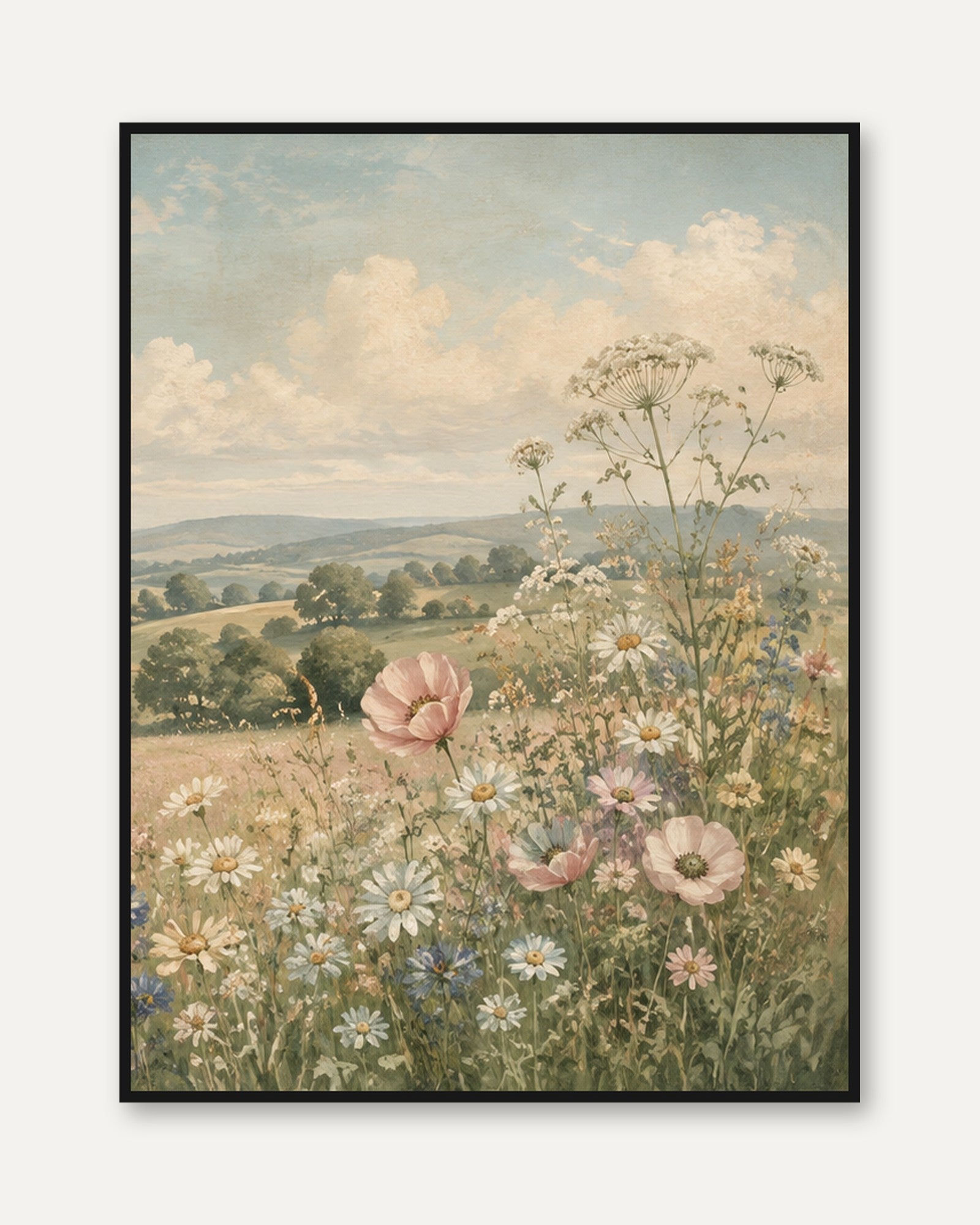 English Countryside Wildflower Meadow: Pastoral Landscape Art Print - framed