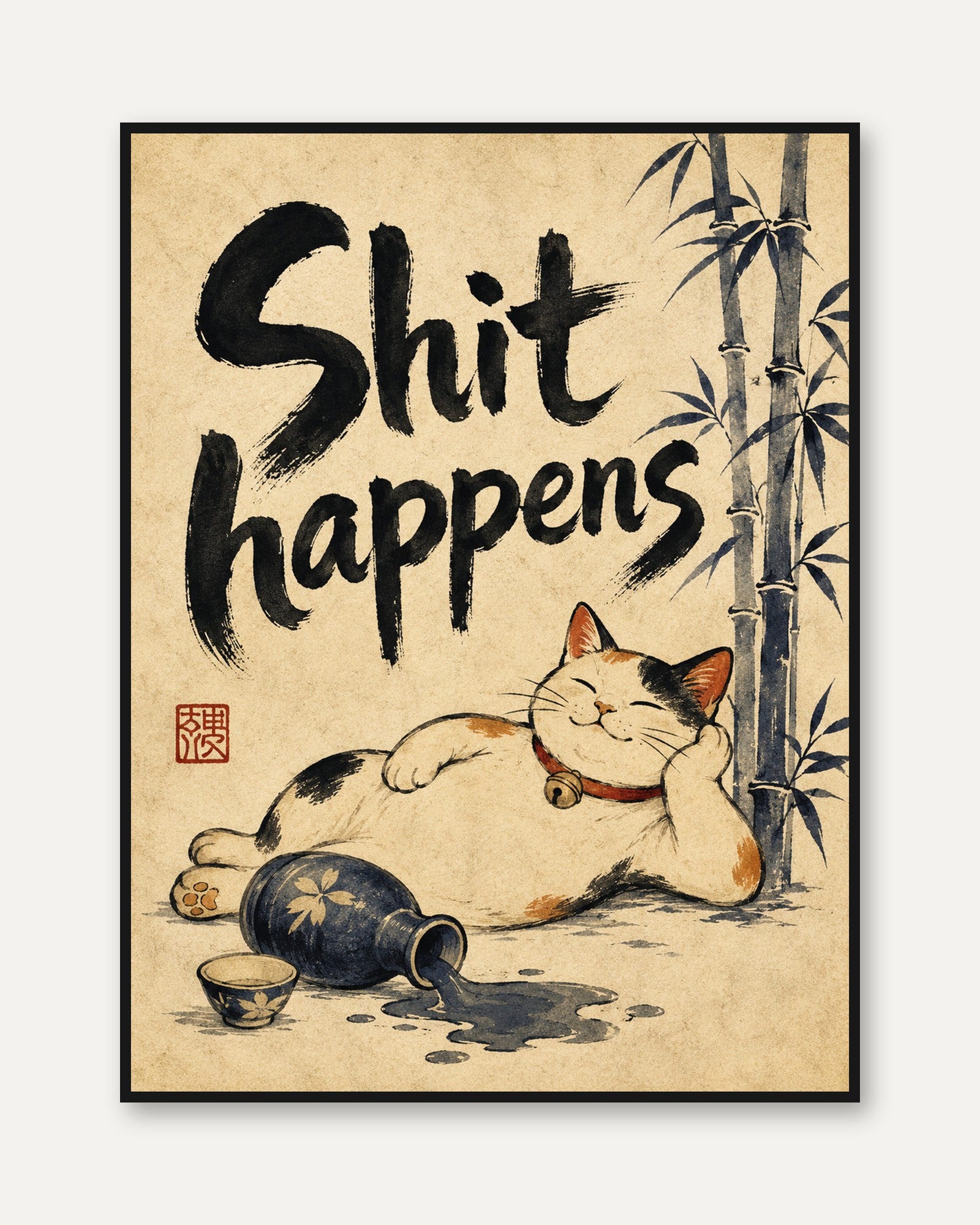 Funny Bathroom Wall Art – Cat Humor Print - framed