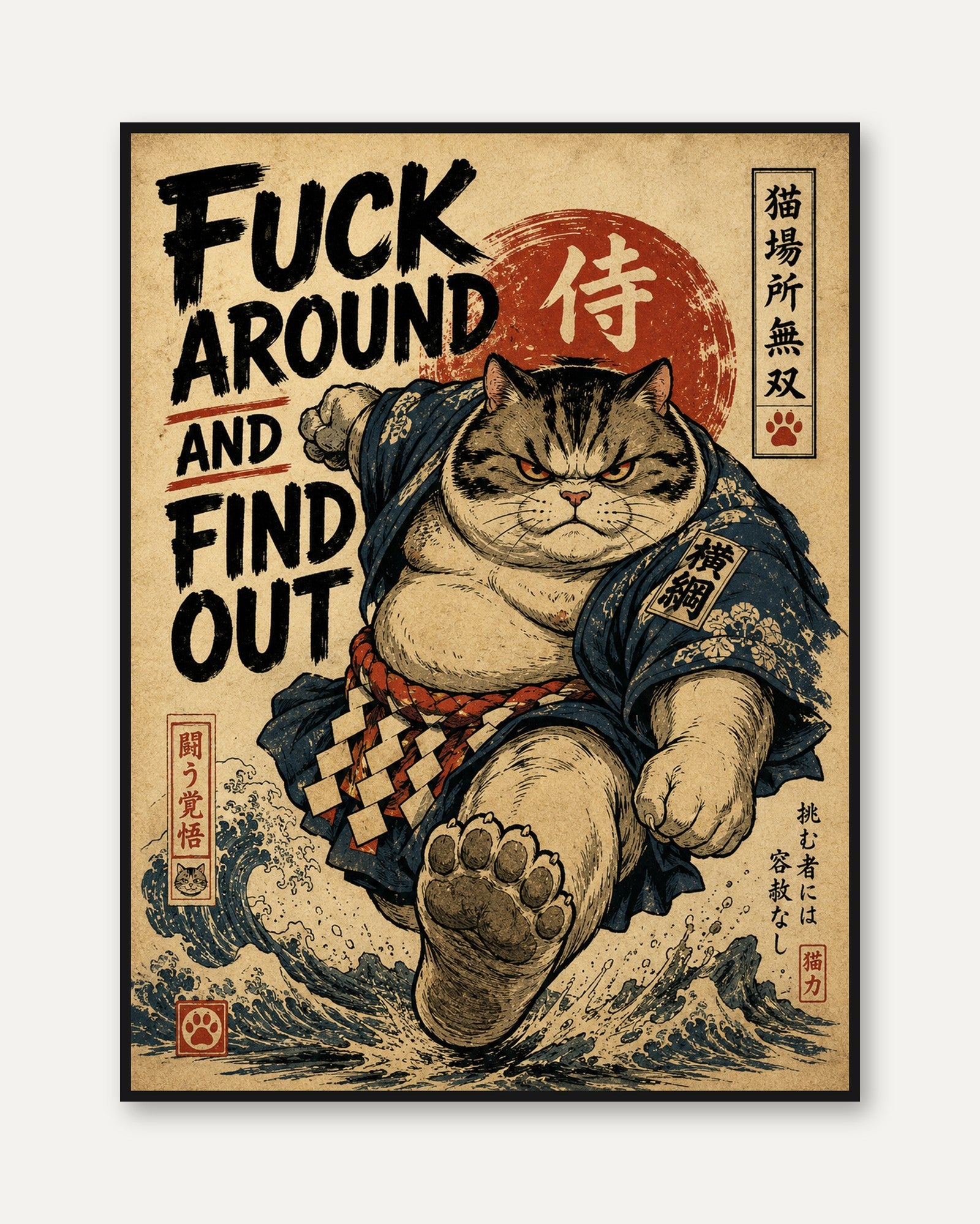 Japanese Cat Wall Art – Samurai Warrior Print - framed
