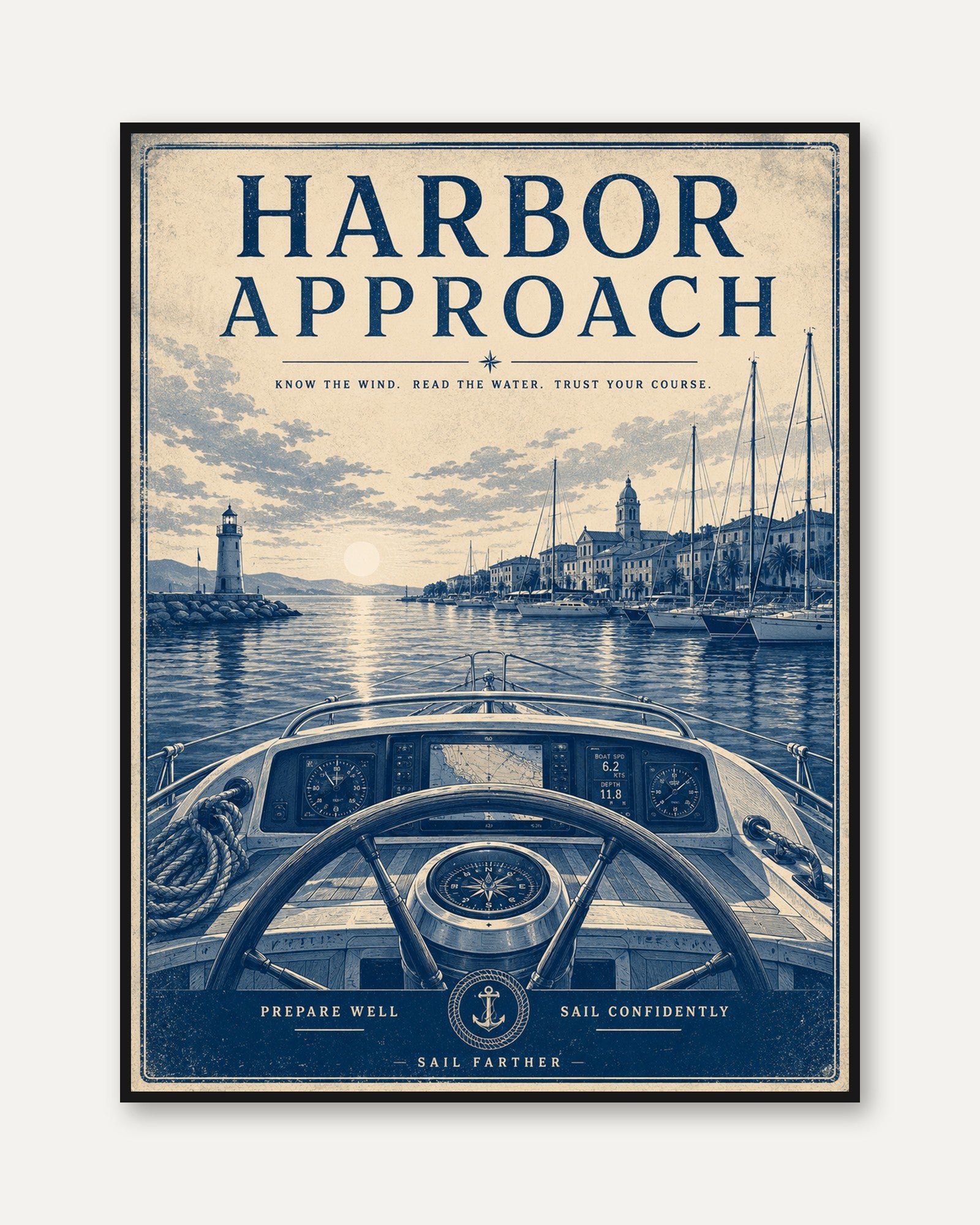 Harbor Approach Poster: Vintage Nautical Blue Sailing Art Print - framed