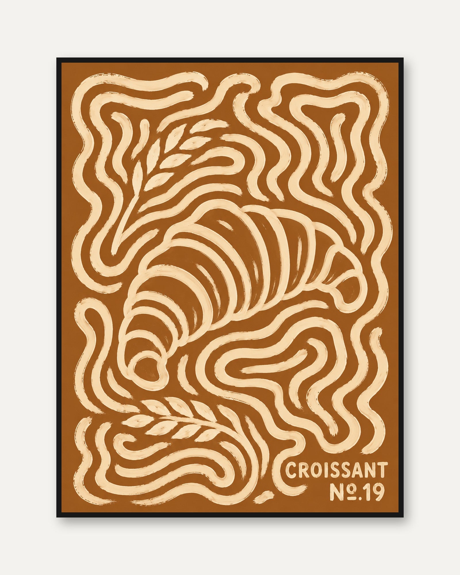 Art Nouveau Croissant Poster: Brown and Cream Swirling Design - framed