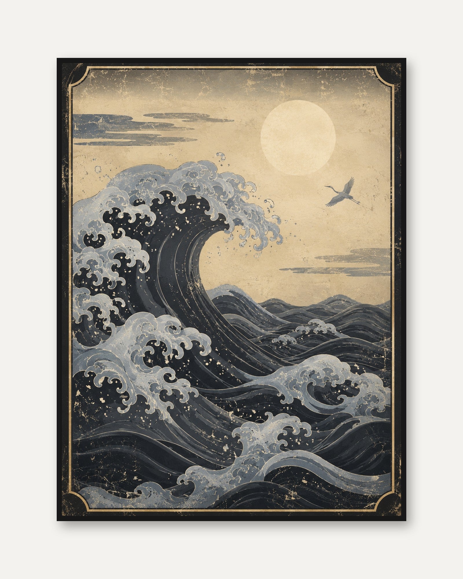 Japanese Wave Art Print – Vintage Seascape - framed