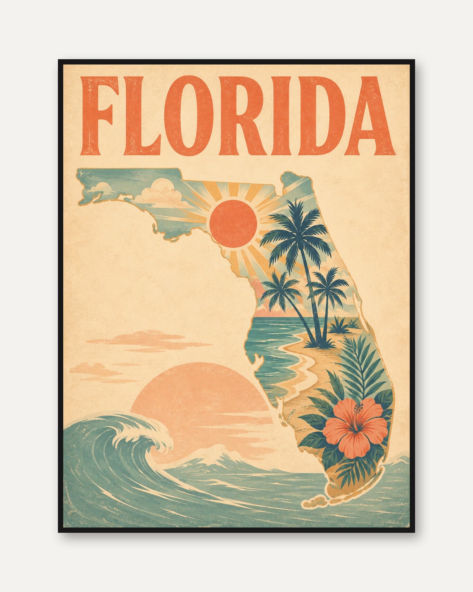 Florida Retro Travel Poster: Vintage Palm Tree Beach Art Print - framed