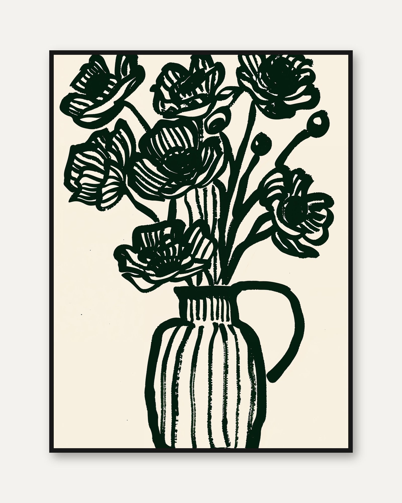 Botanical Wall Art Print: Black Flowers in Striped Vase - framed