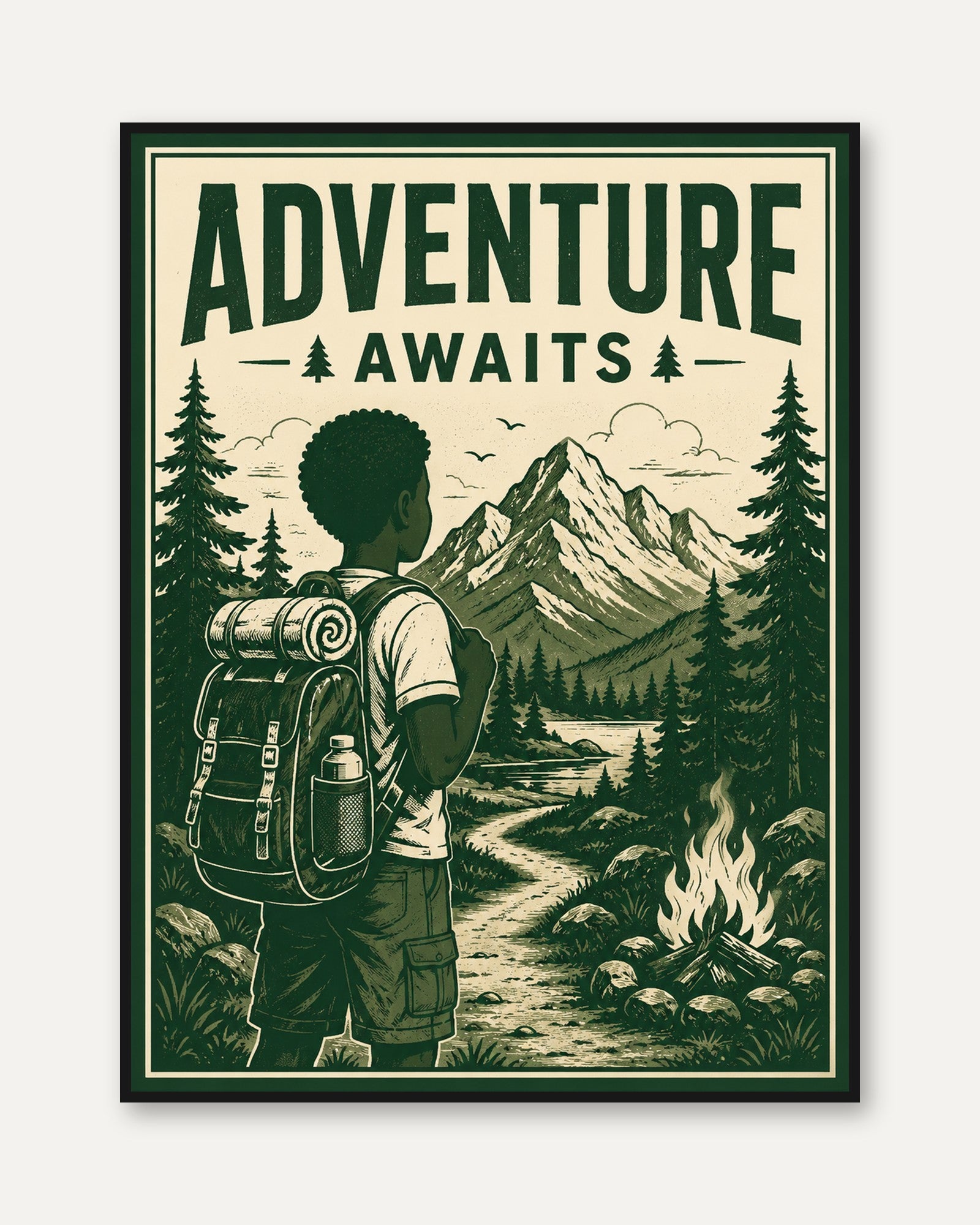 Adventure Awaits Poster: Vintage Mountain Hiking Art Print - framed