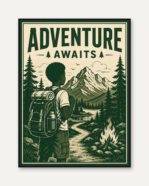 Adventure Awaits Poster: Vintage Mountain Hiking Art Print - framed