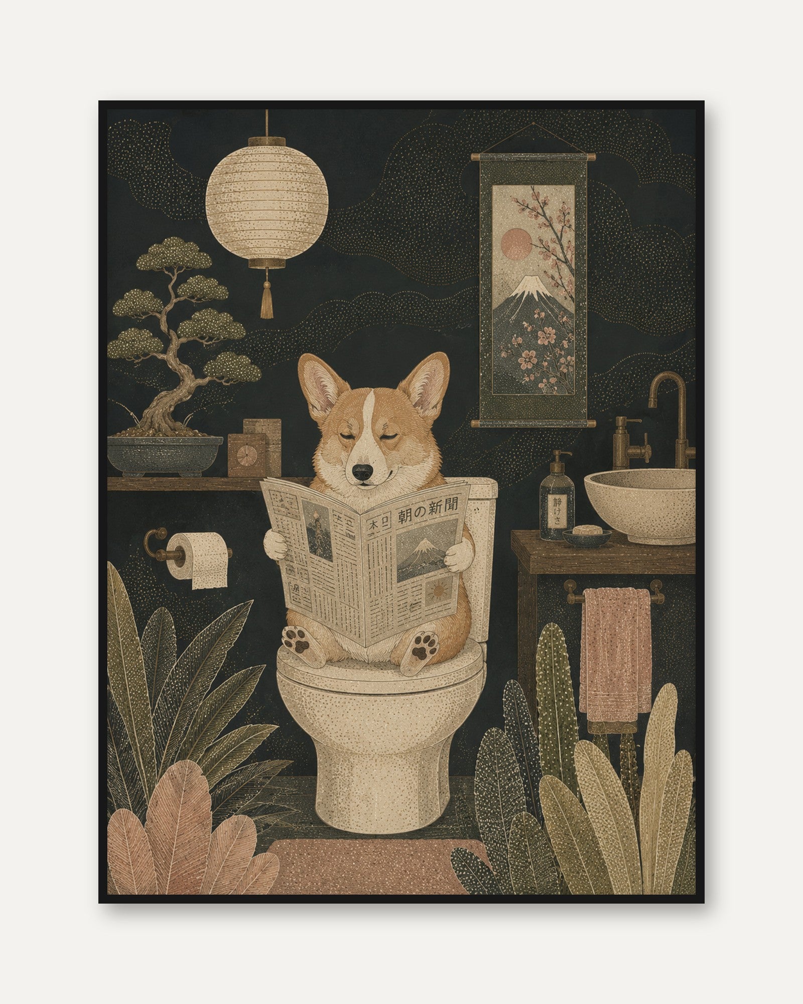 Corgi Reading Newspaper Bathroom Art - framed