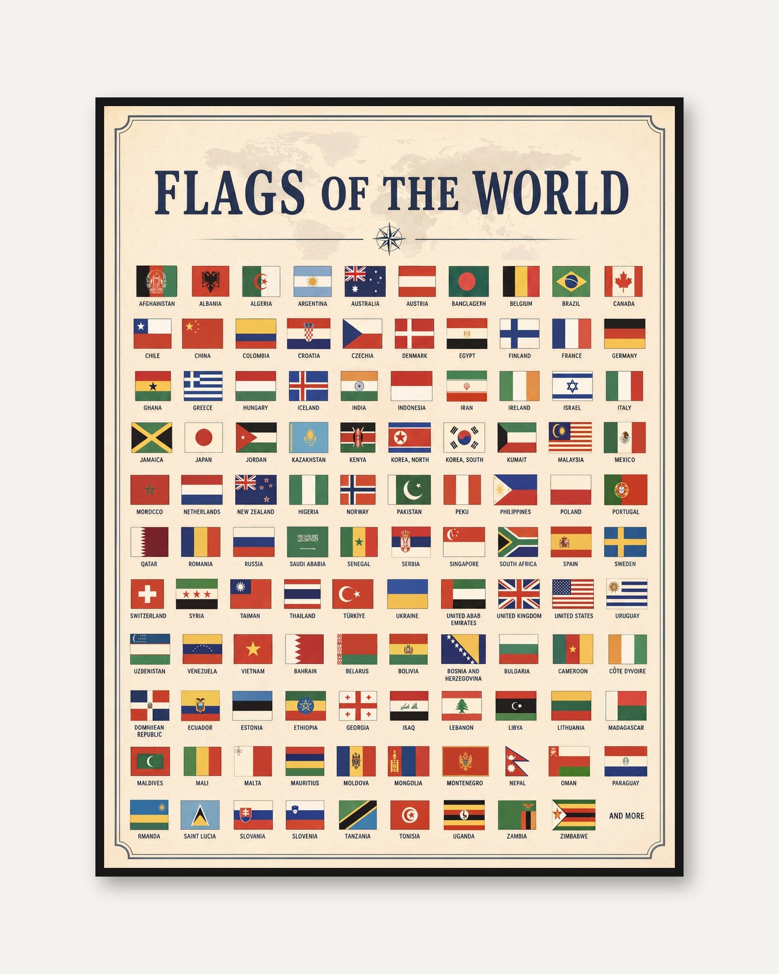 Flags Of The World Educational Poster: Vintage Reference Chart - framed
