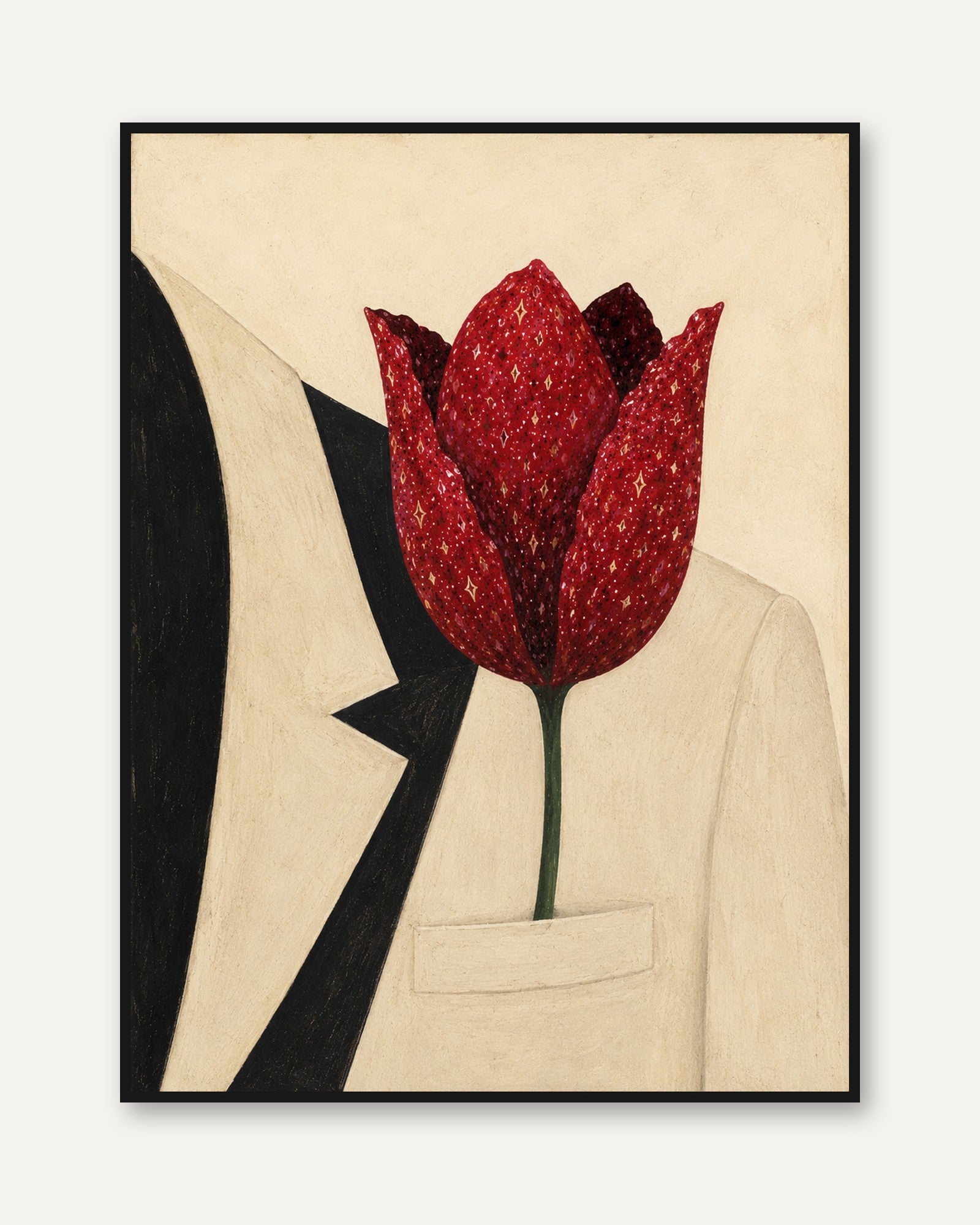 Red Tulip Art Print: Modernist Botanical Collage Design - framed