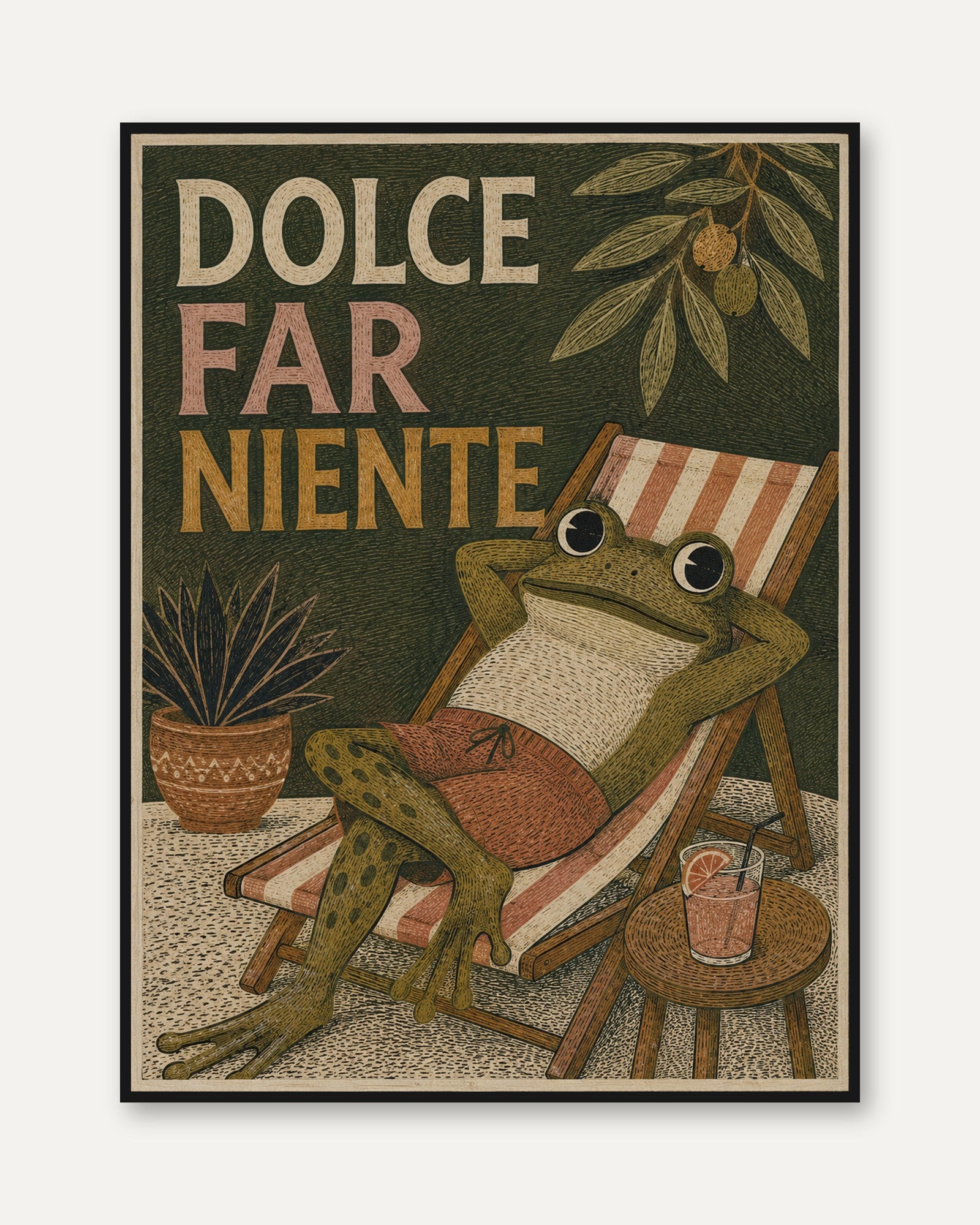 Vintage Frog Poster – Dolce Far Niente Retro Art - framed