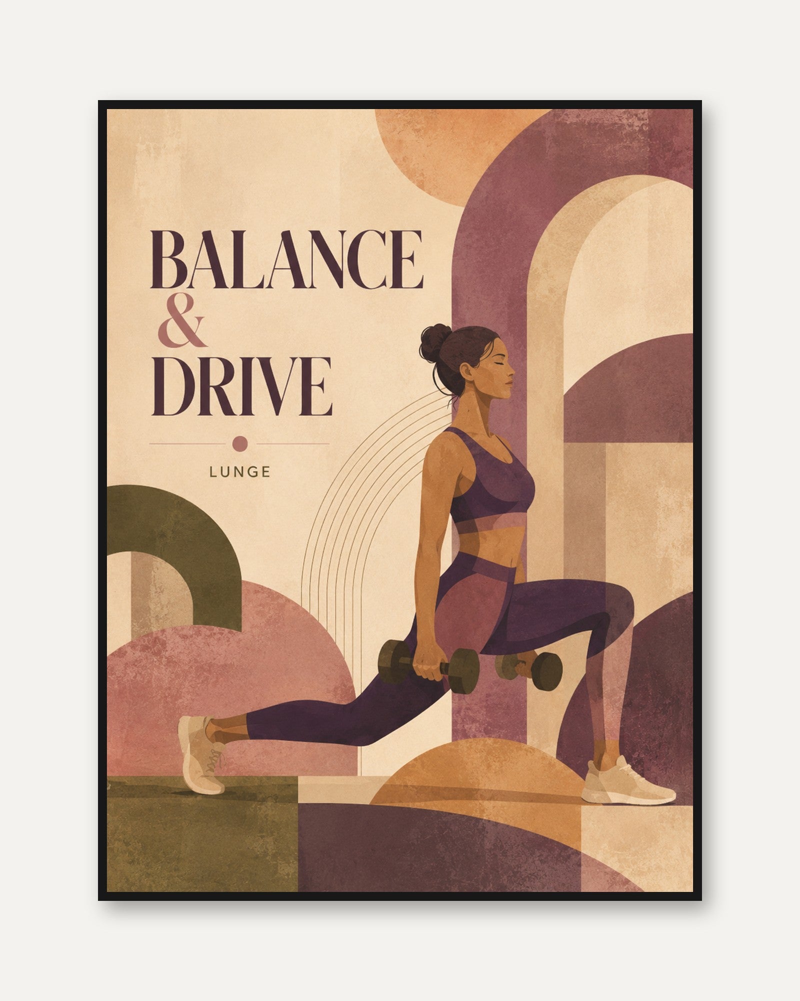 Fitness Lunge Exercise Poster: Art Deco Geometric Workout Print - framed