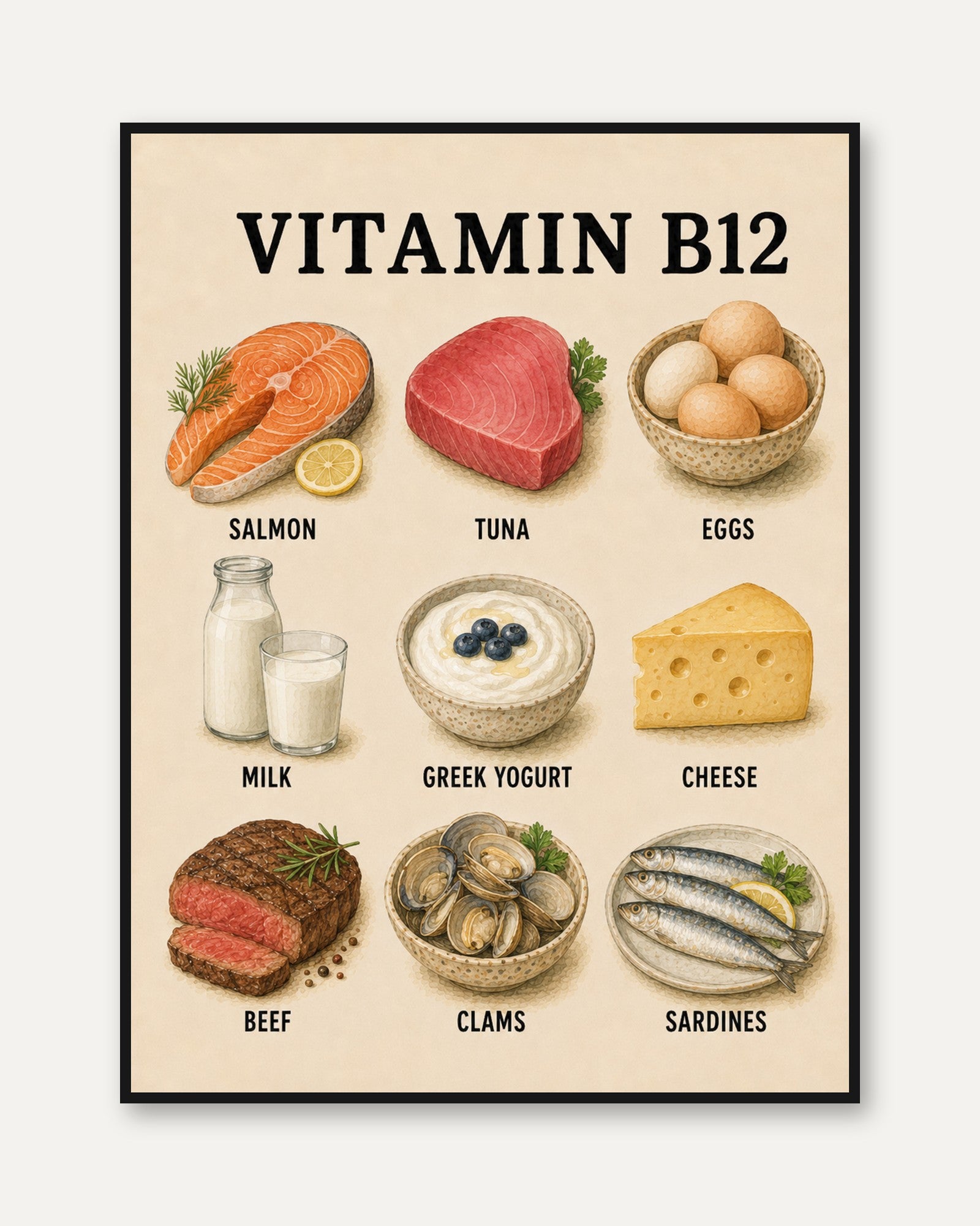 Vitamin B12 Foods Poster – Kitchen Wall Art - framed