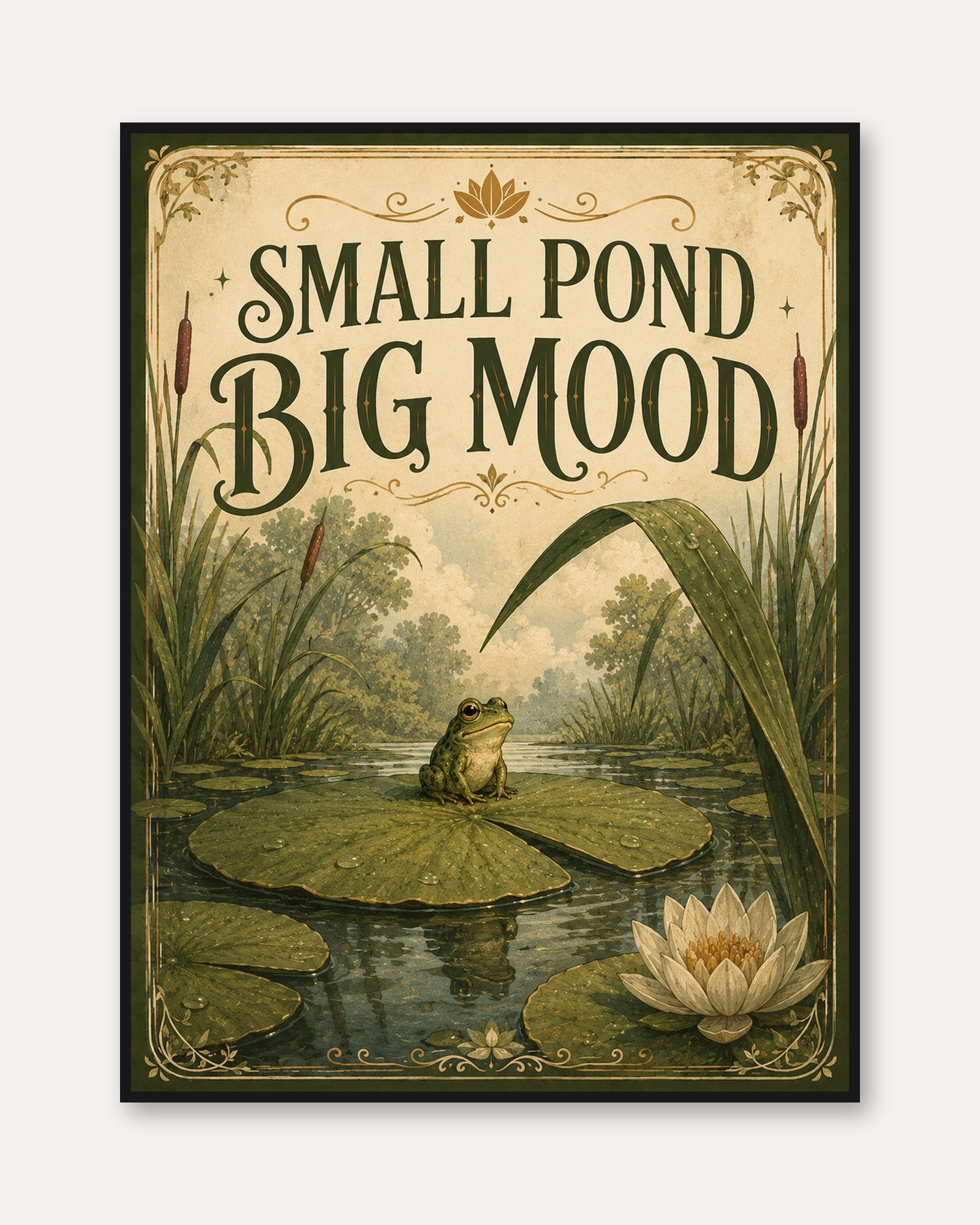 Vintage Frog on Lily Pad Poster: Art Nouveau Pond Scene - framed