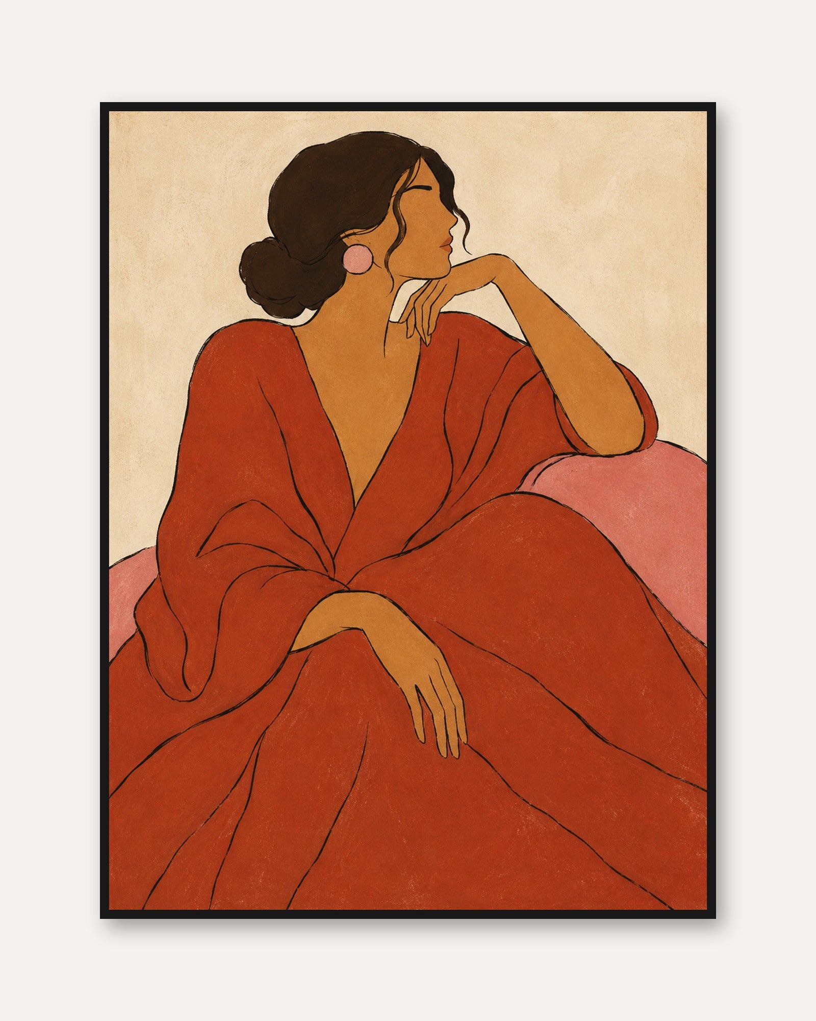 Art Deco Woman in Red: Minimalist Line Art Poster - framed