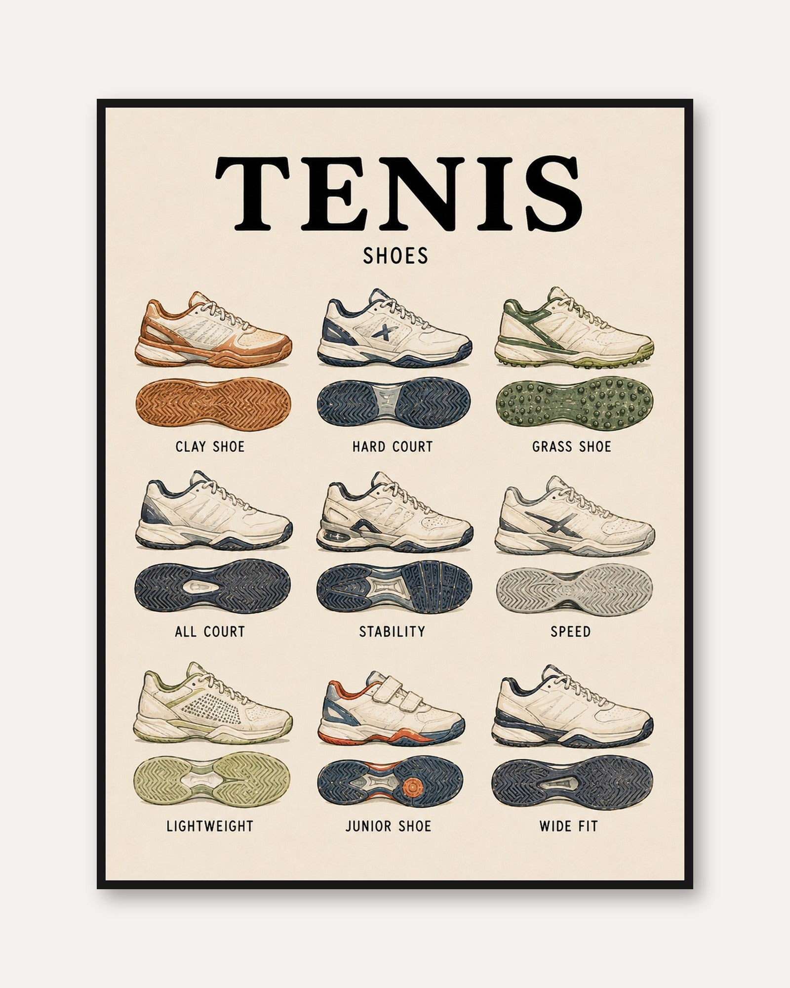 Tennis Shoes Educational Print — Illustrated Guide to Court Shoe Types - framed