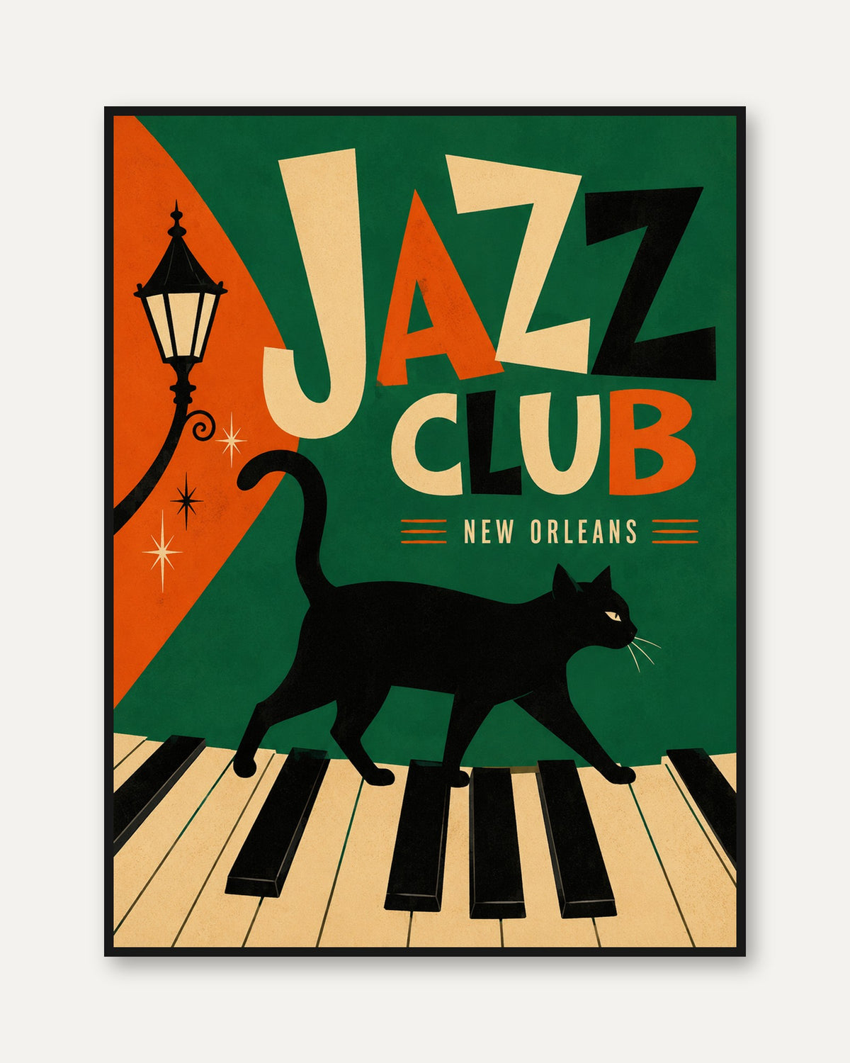 Jazz Club Art Print: Vintage Cat on Piano Keys - framed