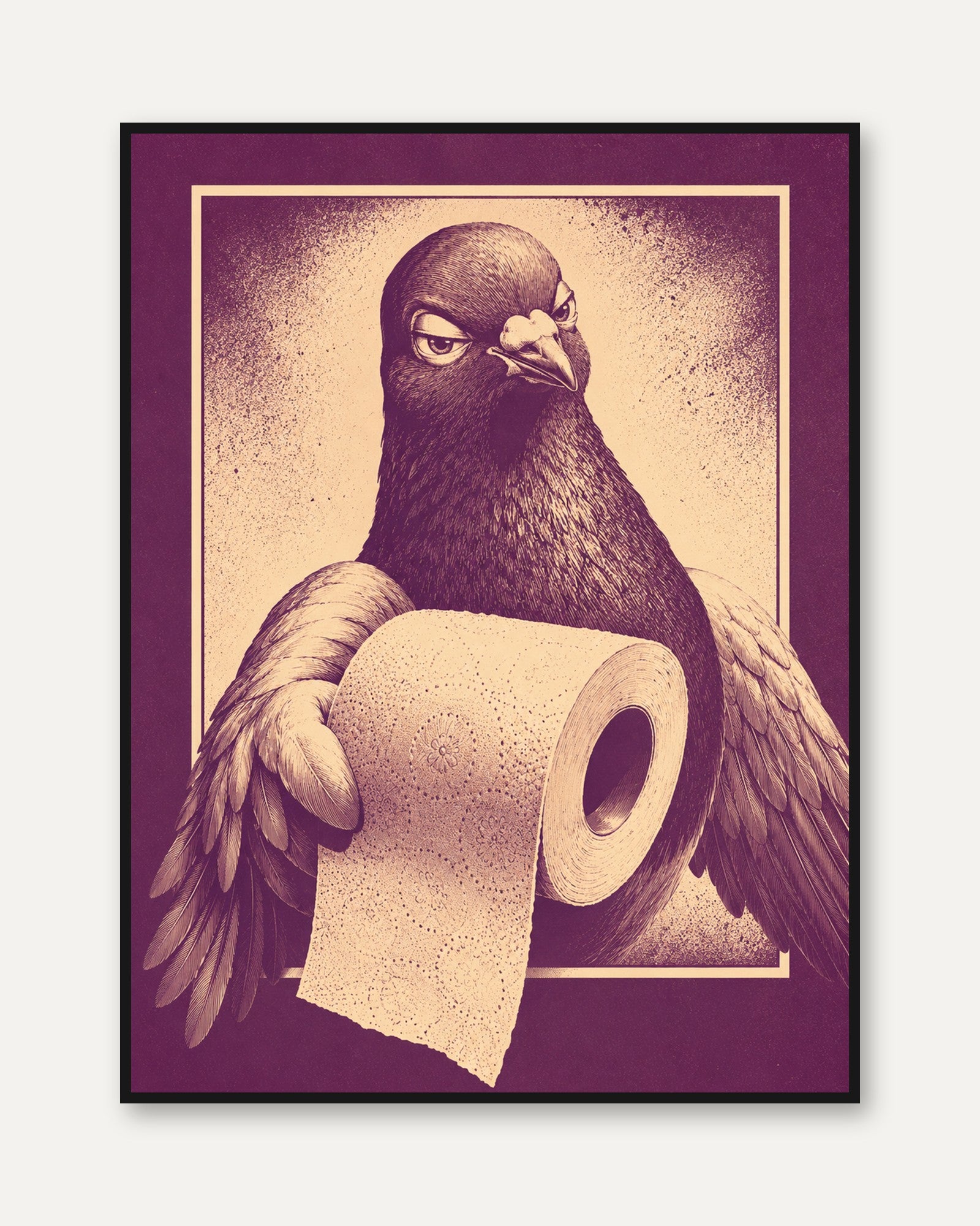 Pigeon Bathroom Print: Vintage Style Humor (Purple and Beige) - framed
