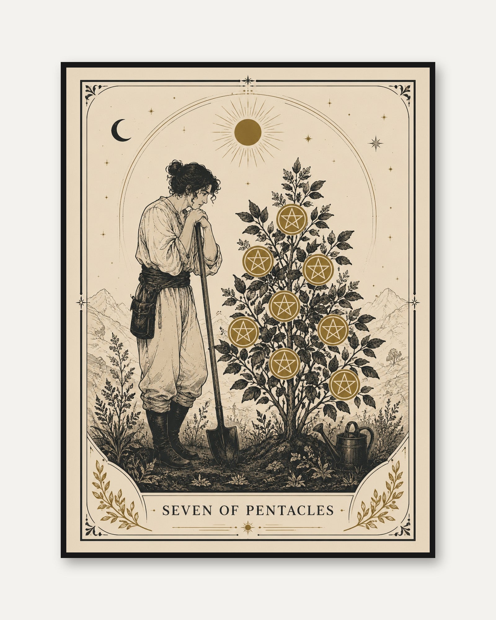 Tarot Card Wall Art – Seven of Pentacles Print - framed