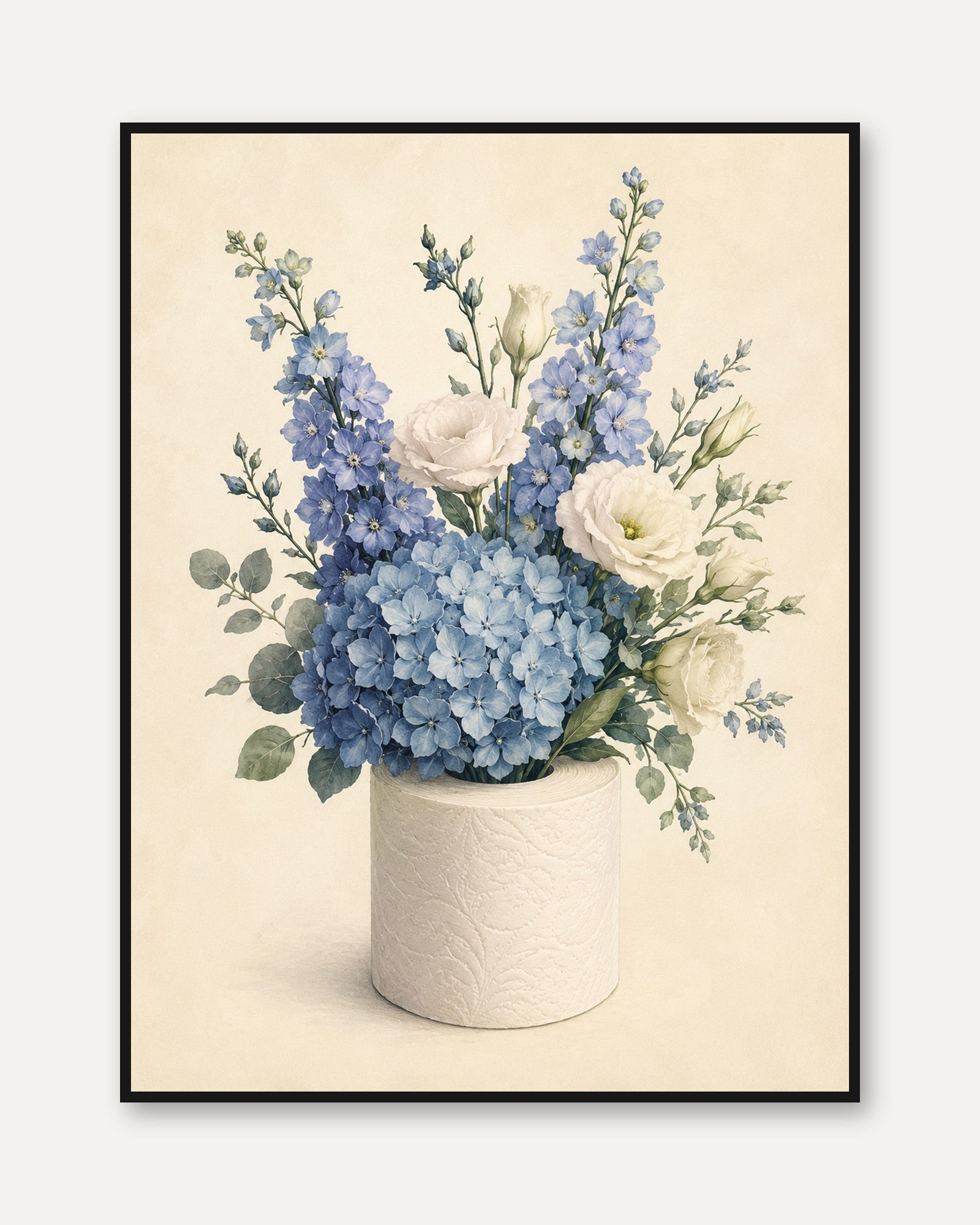 Blue Hydrangea Floral Arrangement: Watercolor Botanical Art Print - framed
