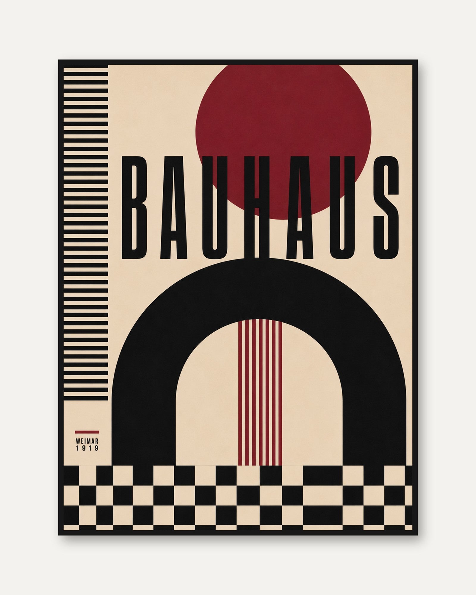 Bauhaus Wall Art Print – Bold Shapes with Red - framed