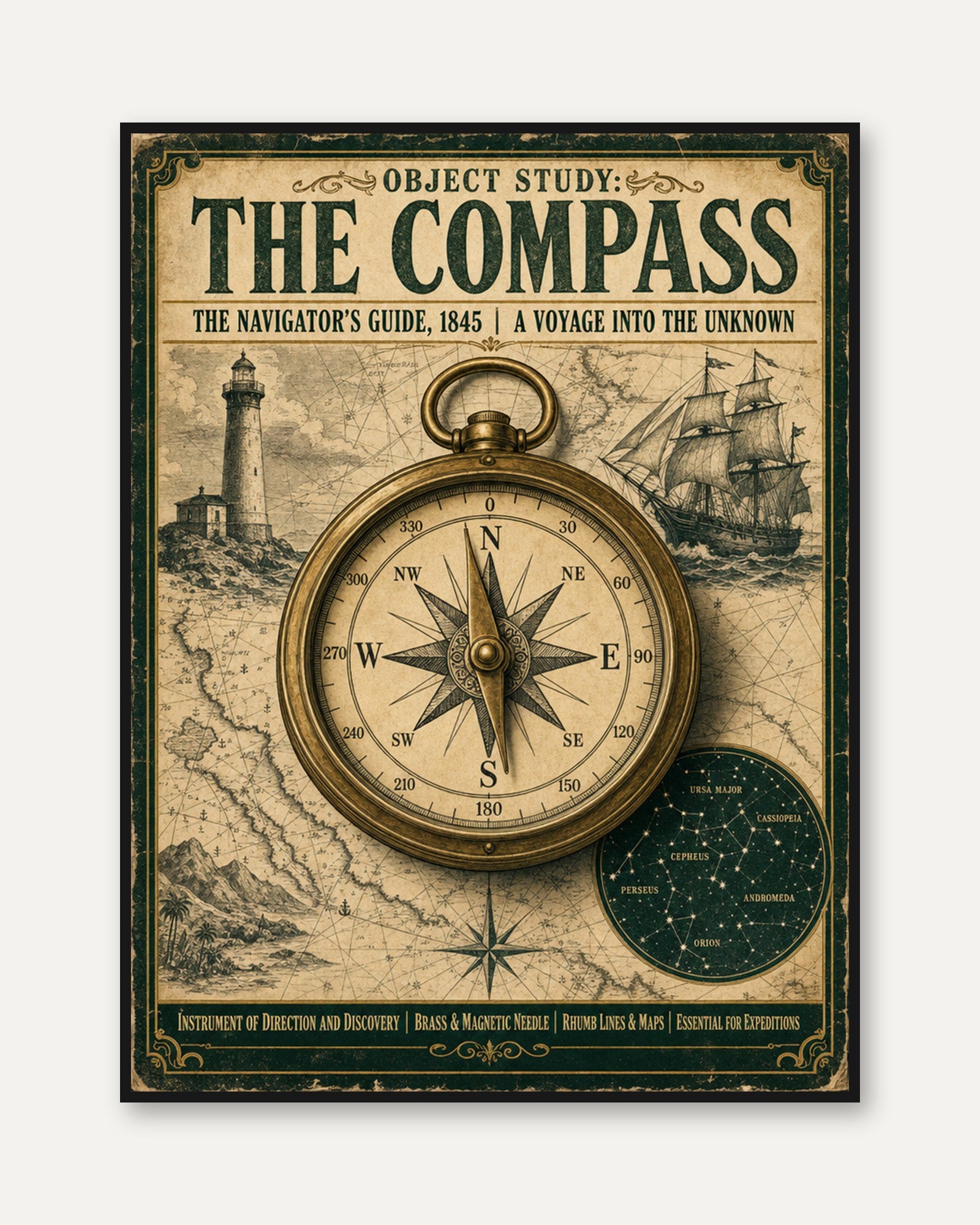 Vintage Compass Print — Antique Navigator's Guide 1845 - framed