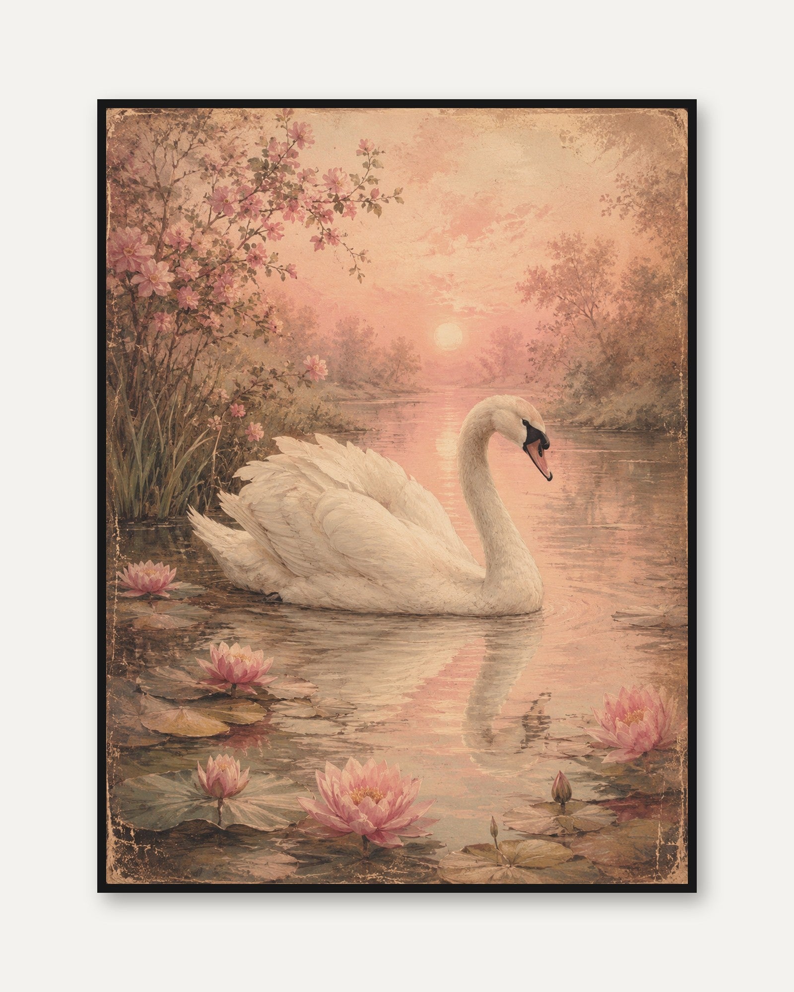 Swan Wall Art – Vintage Lake Print - framed