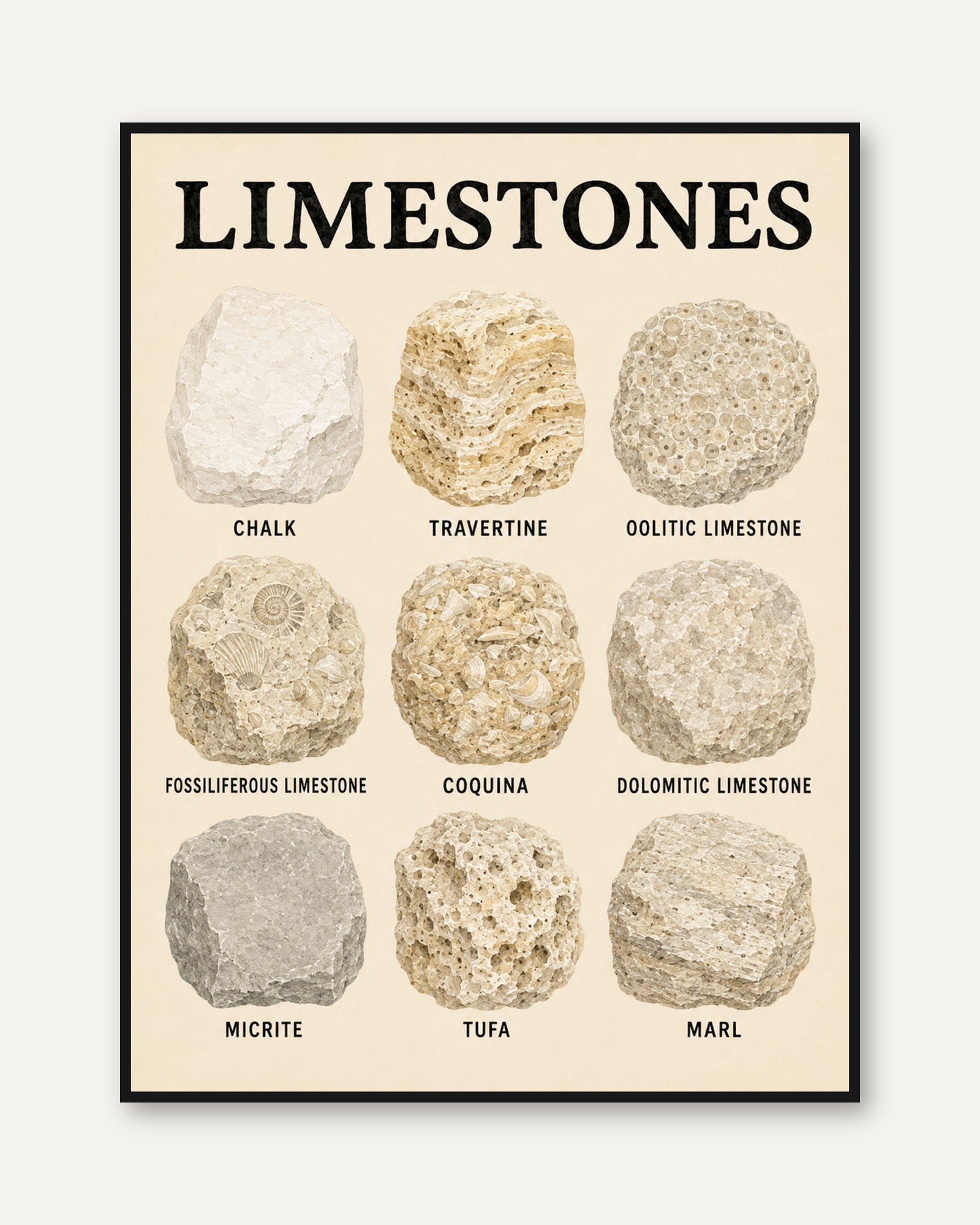 Limestone Educational Poster — Geology Chart of Rock Types - framed