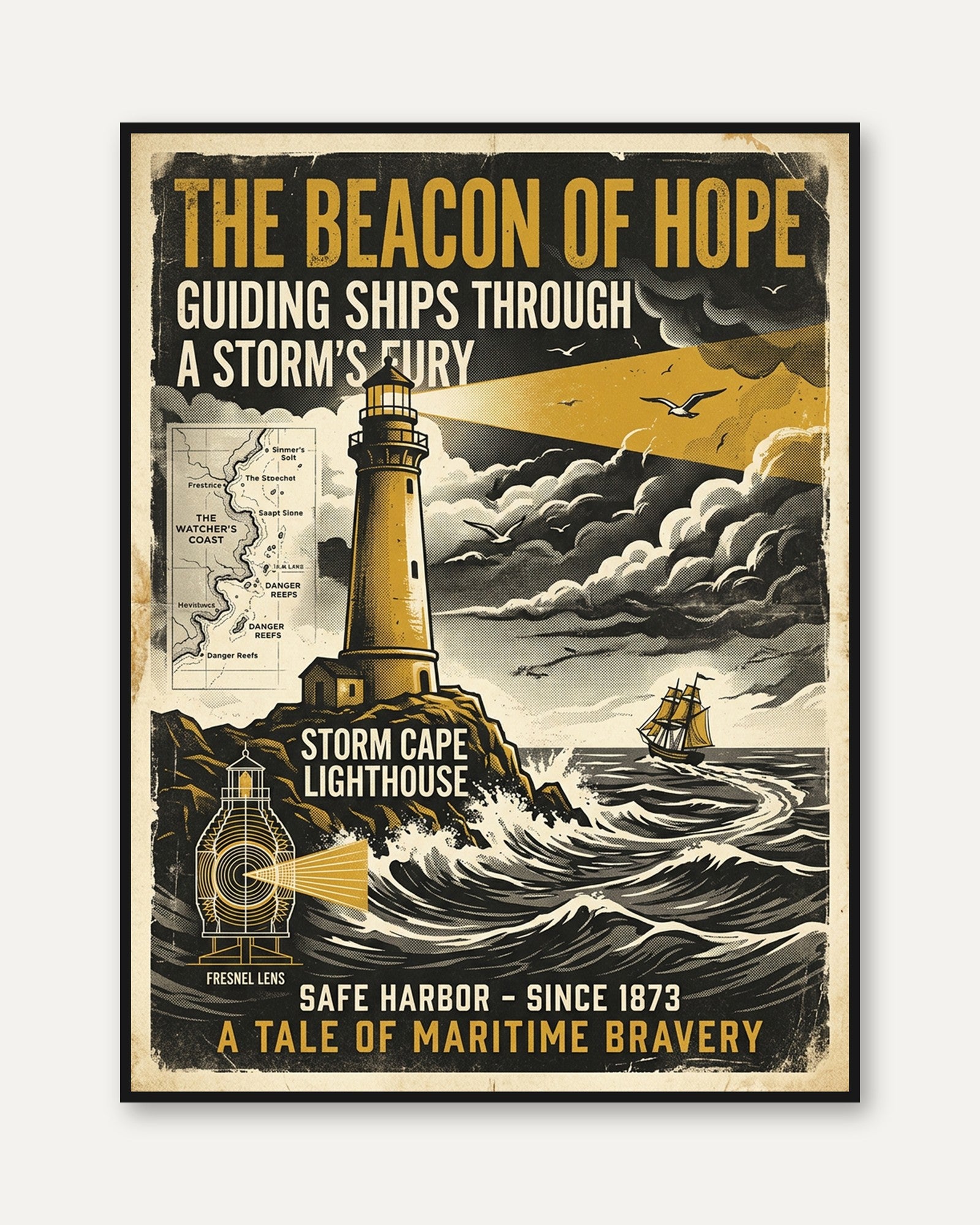 Vintage Lighthouse Storm Poster: Retro Maritime Navigation Art - framed