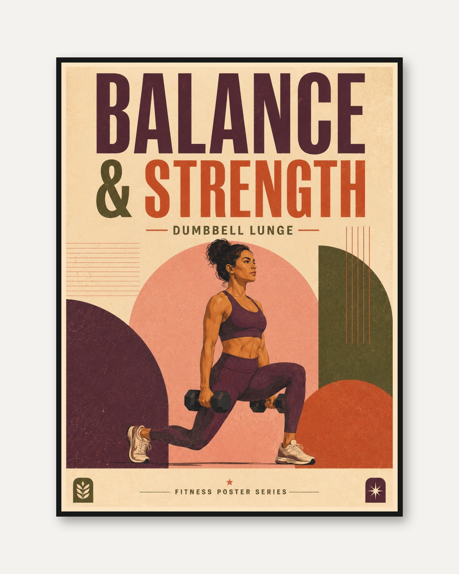 Balance And Strength Fitness Poster: Retro Dumbbell Lunge Art - framed