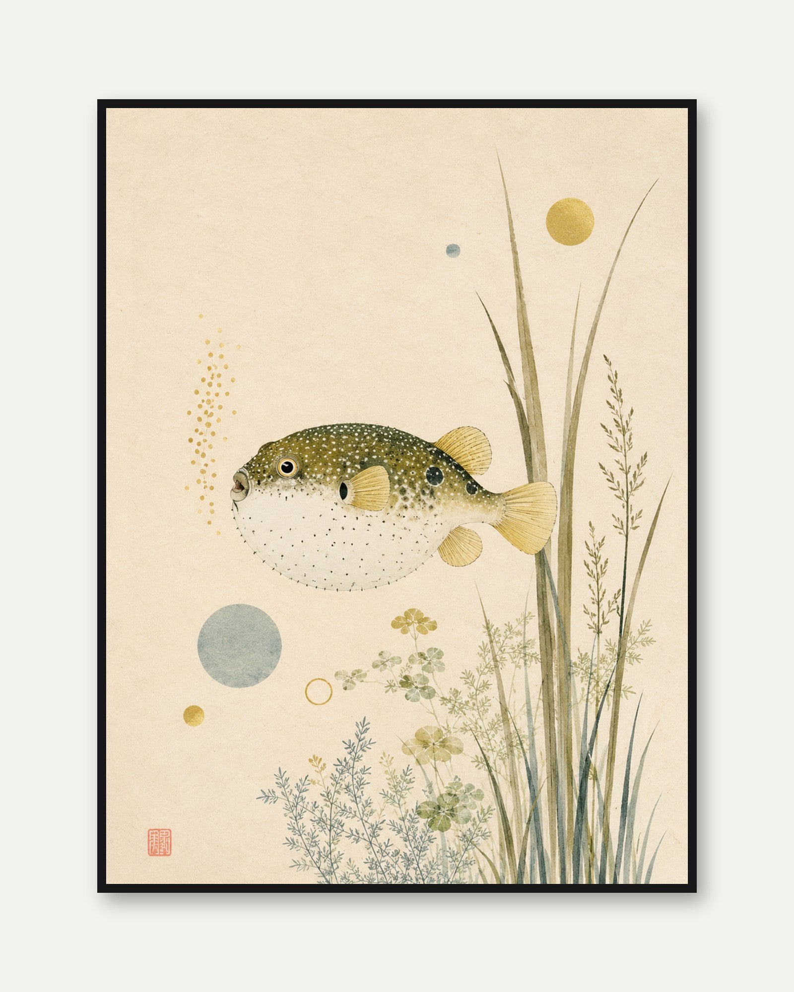 Japanese Fish Wall Art – Pufferfish Print - framed