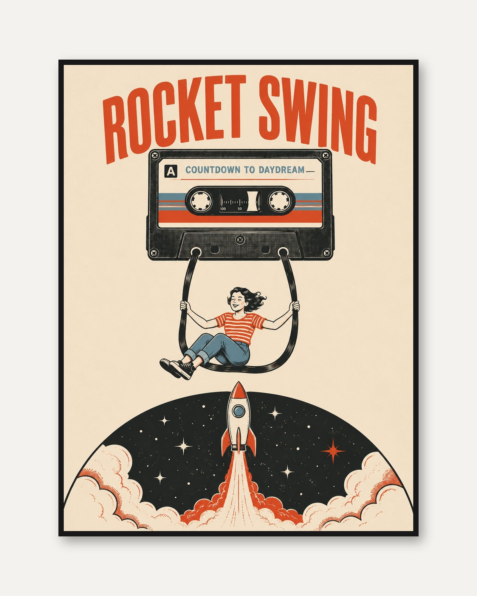 Retro Cassette Tape Rocket Print — Whimsical Music & Space Art - framed