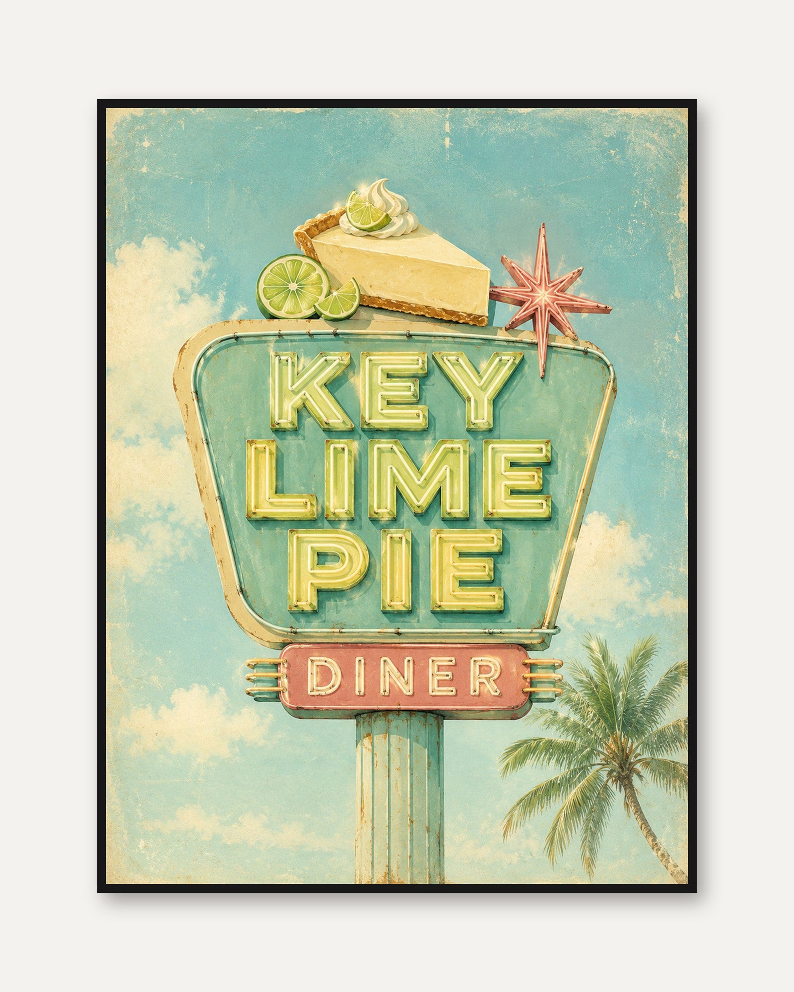 Vintage Diner Wall Art – Retro Key Lime Pie Sign - framed