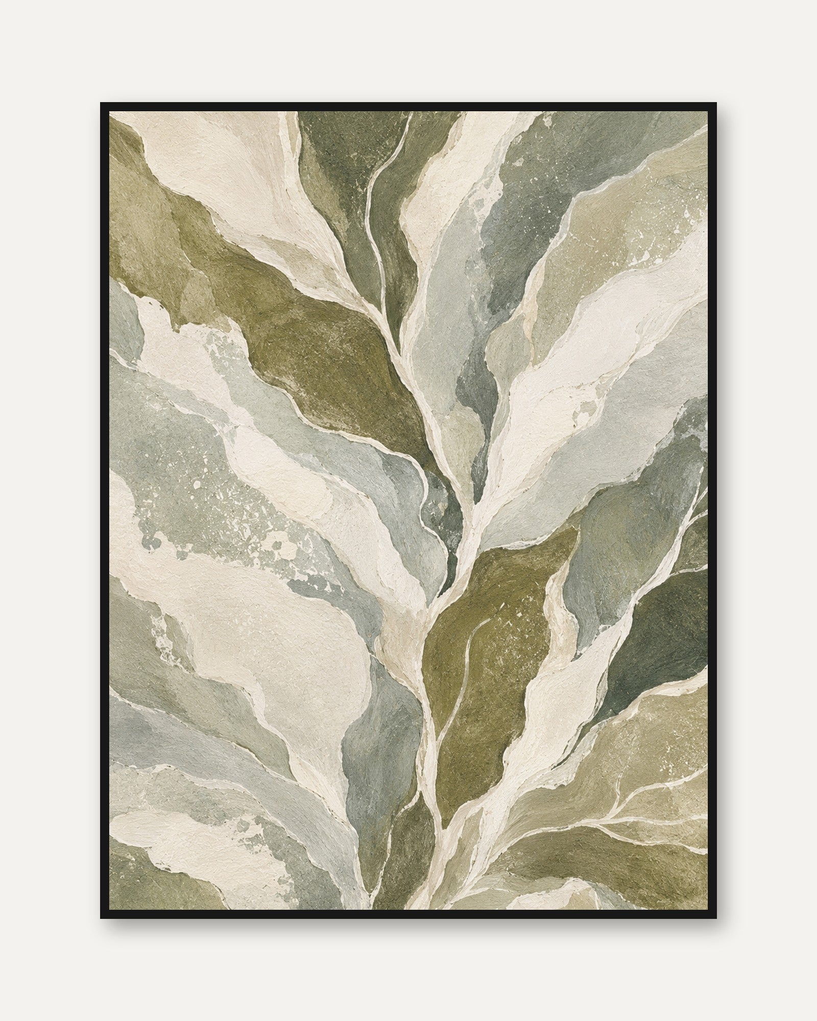 Abstract Marble Flow Wall Art: Olive Green and Cream Organic Forms - framed