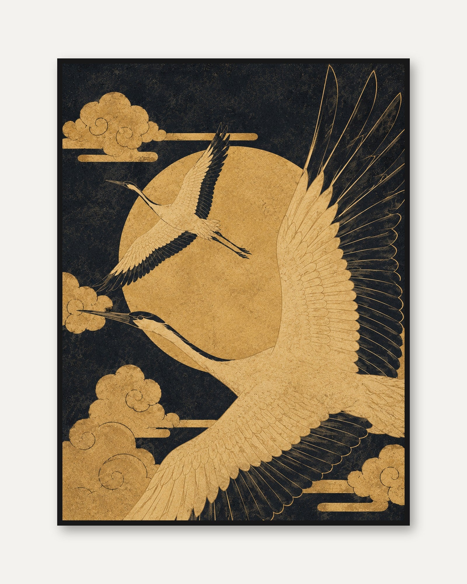 Crane Wall Art: Gold and Black Japanese Birds - framed