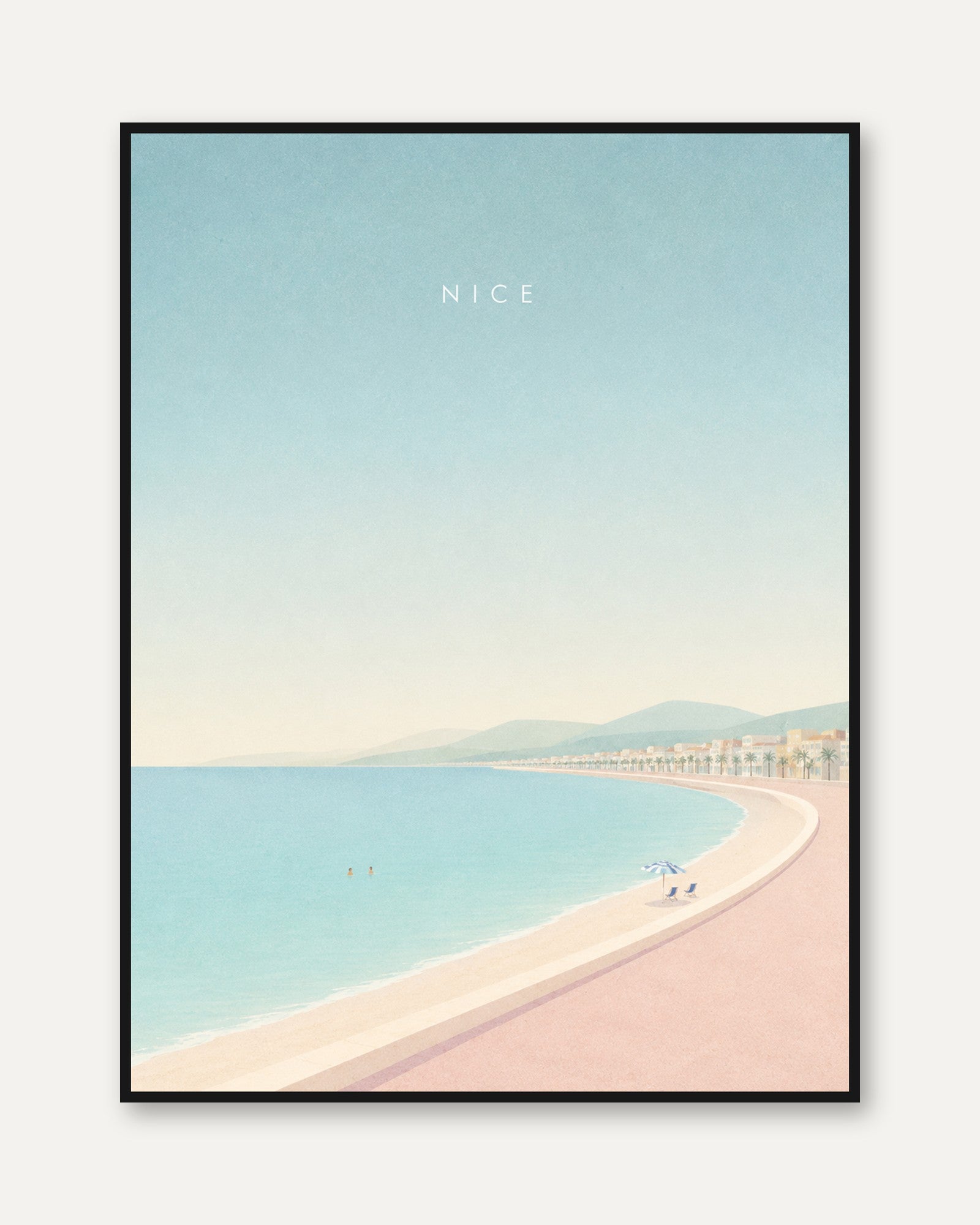Nice Beach Promenade Print: Pastel Coastal Mediterranean Art - framed
