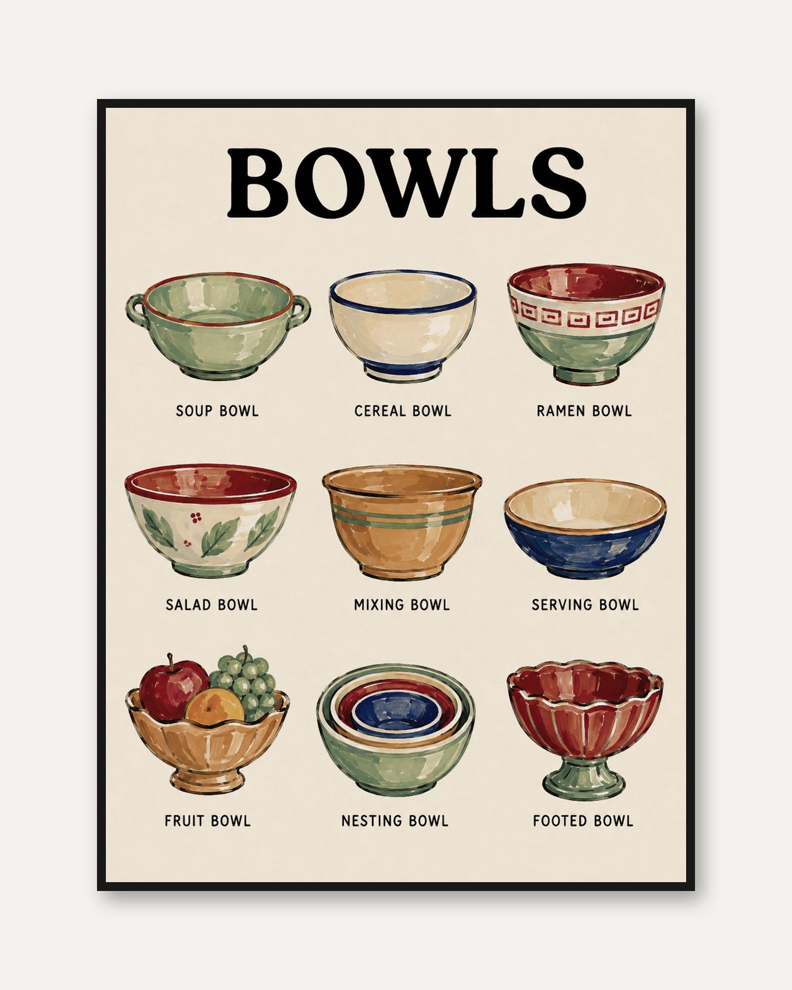 Bowl Types Kitchen Print - framed