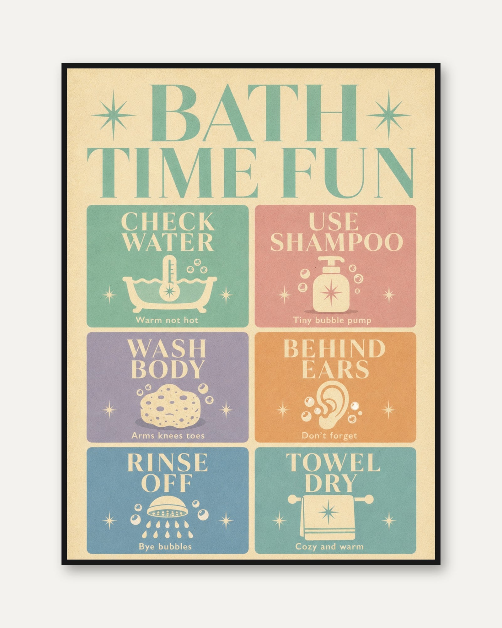 Bath Time Fun Print: Retro Kids Bathroom Guide (Nursery Wall Art) - framed
