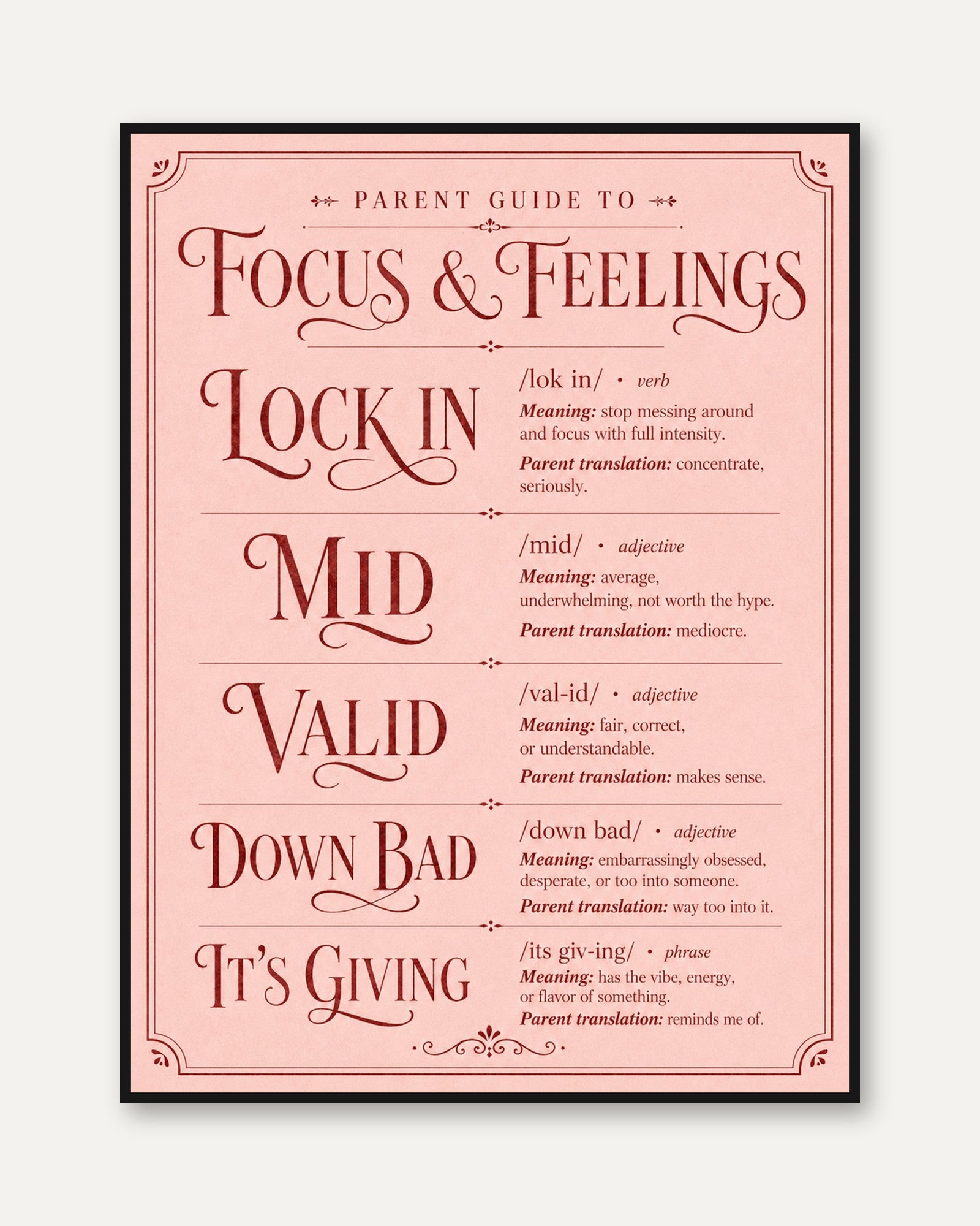 Parent Guide Poster – Parenting Slang Wall Art - framed