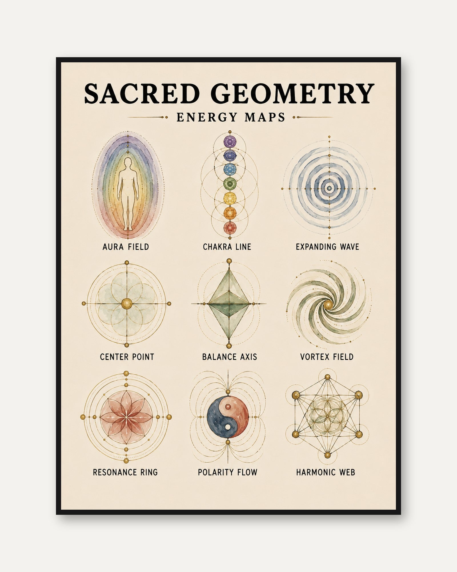 Sacred Geometry Print — Energy Maps Chart - framed