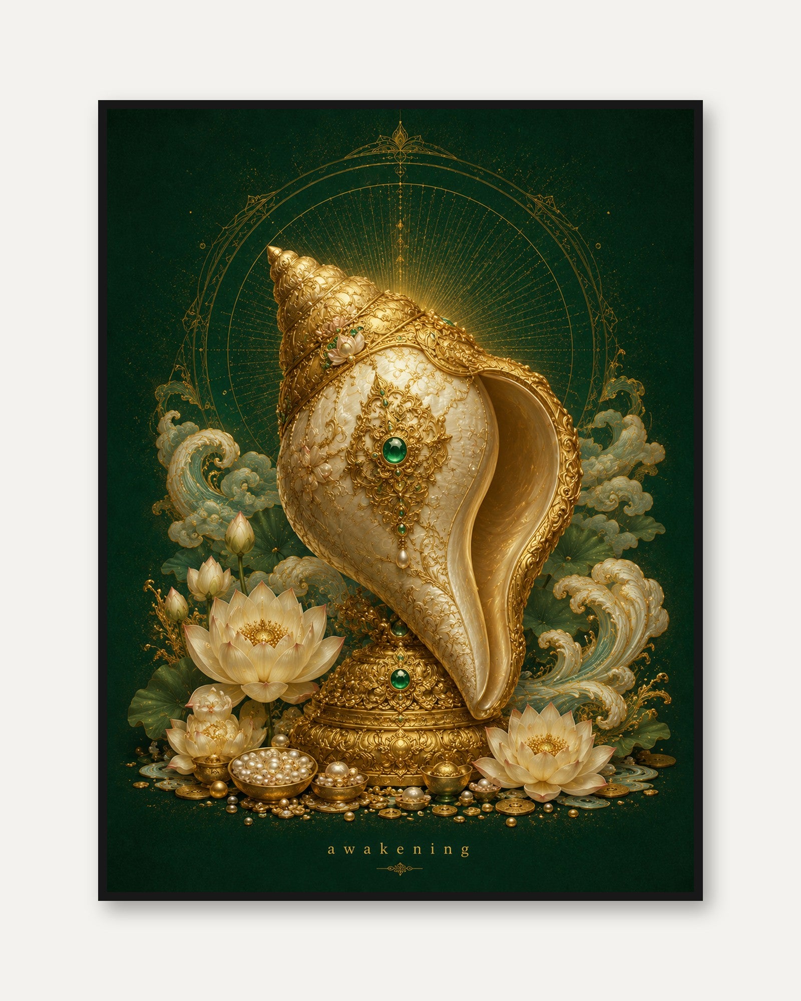 Lotus Flower Wall Art – Gold Conch Shell Print - framed
