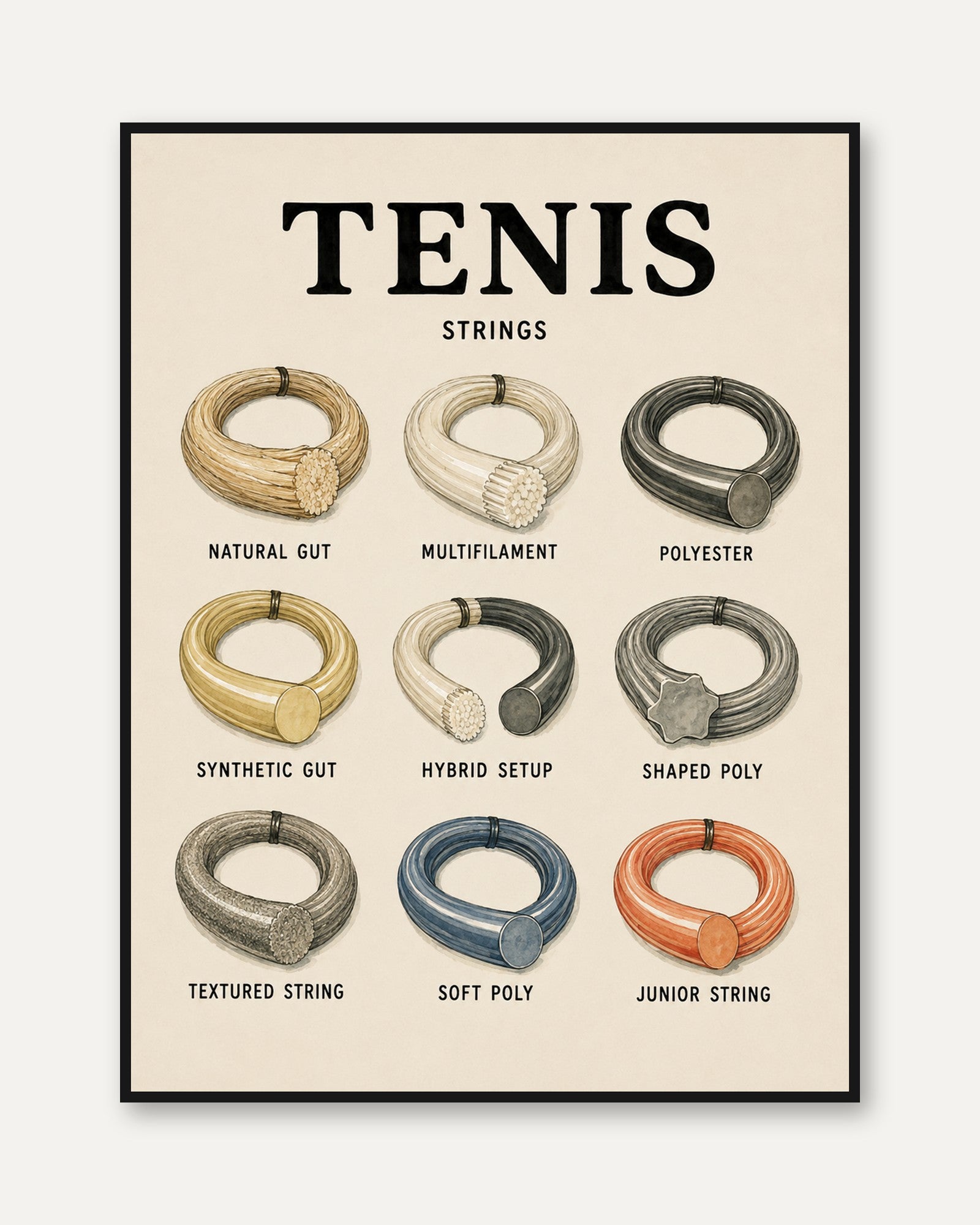Tennis Strings Poster: Vintage Educational Sports Chart - framed