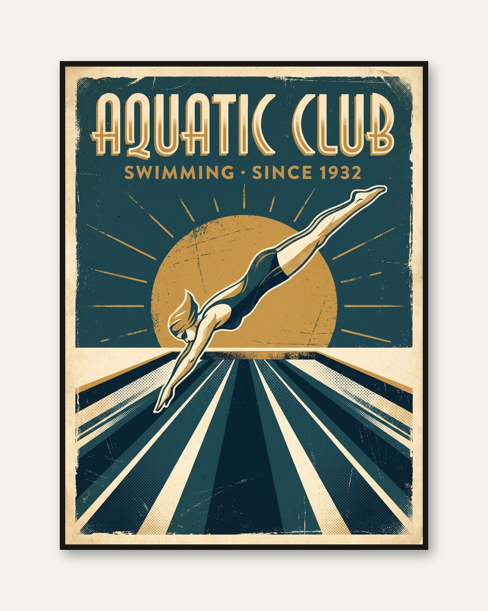 Aquatic Club Diving Poster: Art Deco Swimming Vintage Print - framed