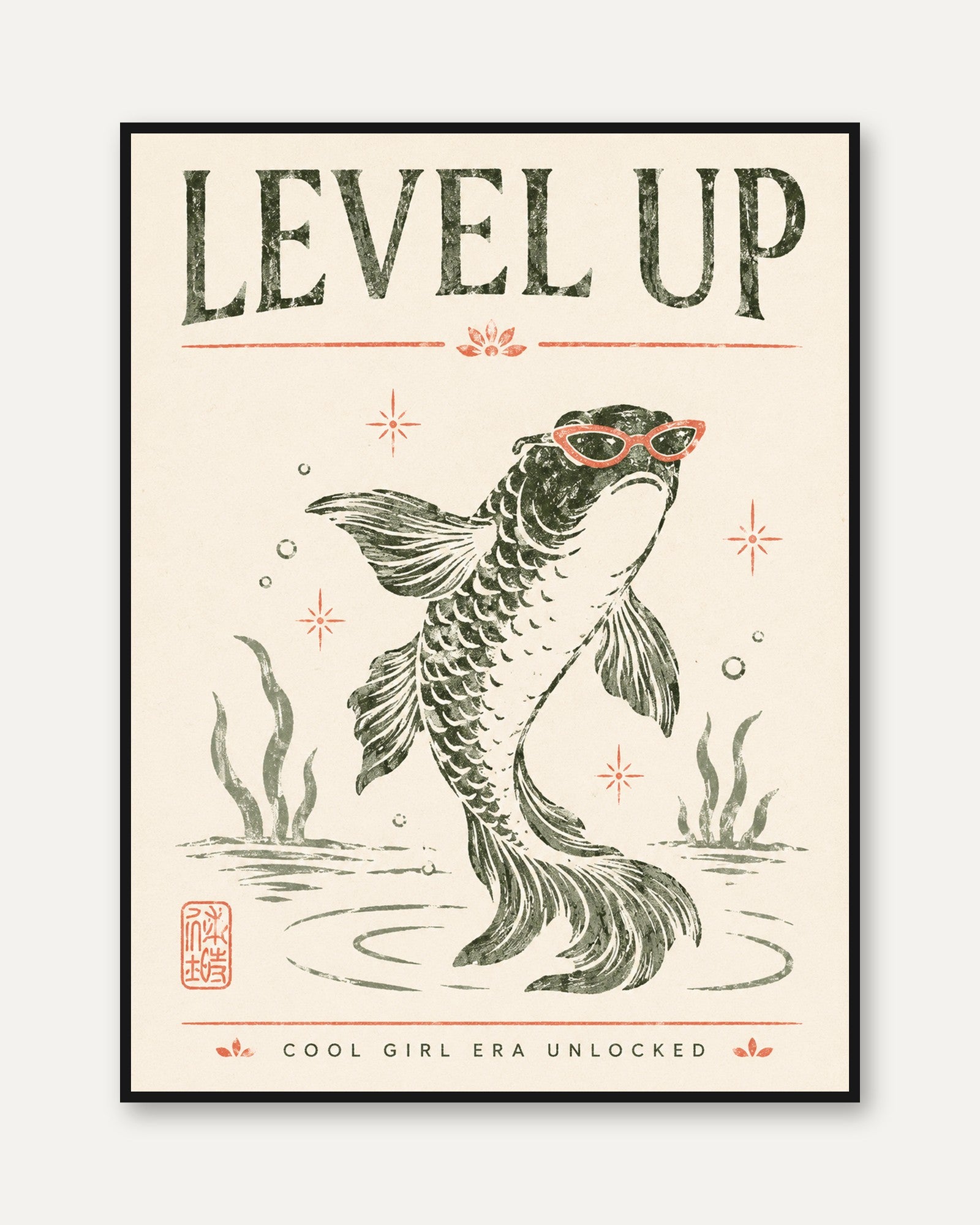 Motivational Fish Wall Art – Level Up Print - framed