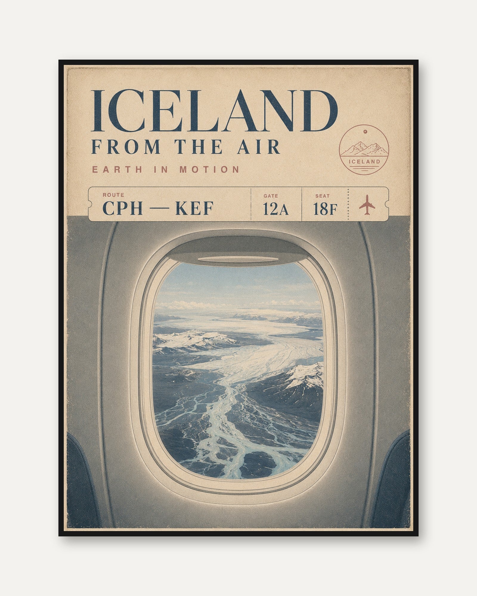 Iceland Aerial View Travel Poster: Vintage Aviation Wall Art - framed